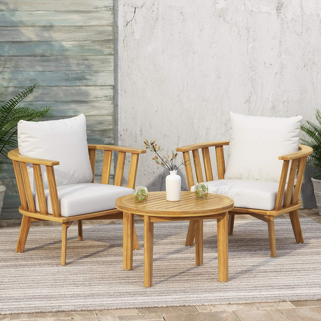 3 Piece Patio Furniture Set, Outdoor Acacia Wood Patio Club Chair With Table, Wooden Patio Furniture,Waterproof Thick Cushion Deep Seating For Porch, Garden, Backyard, Balcony, Teak Finish, White