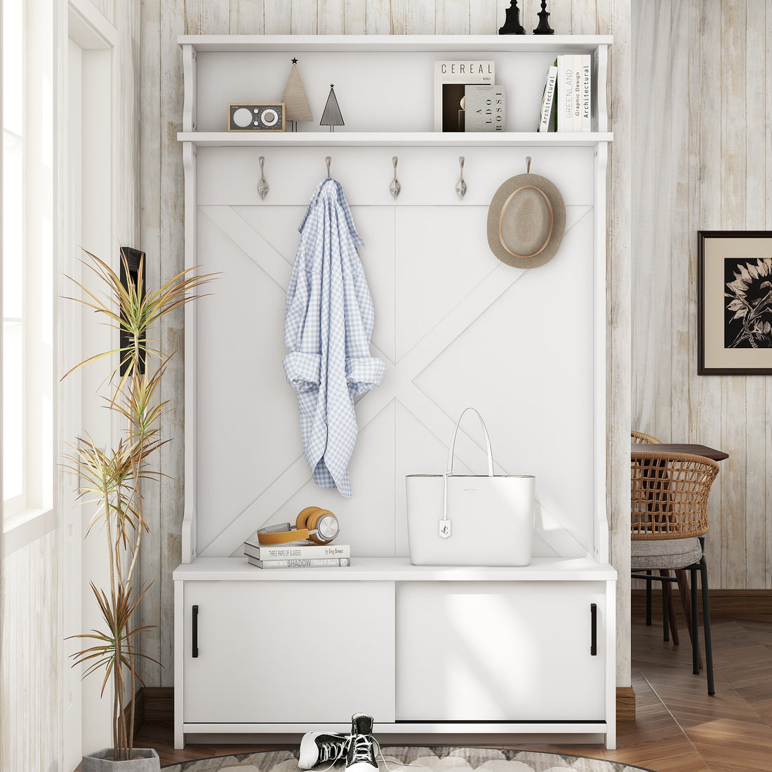 Hall Tree With Top Shelf And Storage Bench, Hallway Shoe Cabinet With Sliding Doors, Coat Rack With 5 Hanging Hooks For Entryways Hallways,White Off White Particle Board Mdf