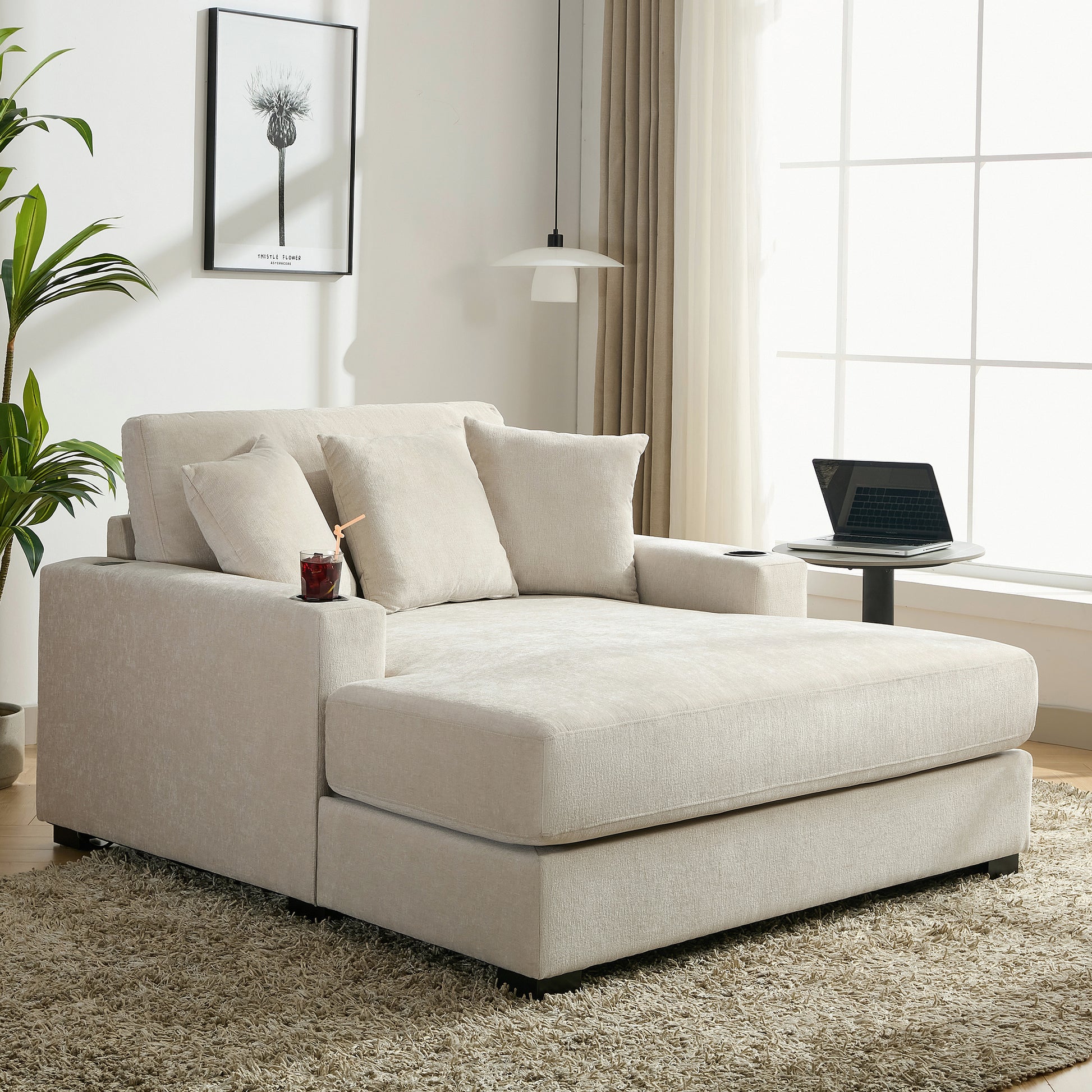 55" Oversized Chaise Lounger Modern Style Sofa Couch ,With Pillows, Charge Station & Cup Holders, Chenille Fabric, Cream Cream Chenille