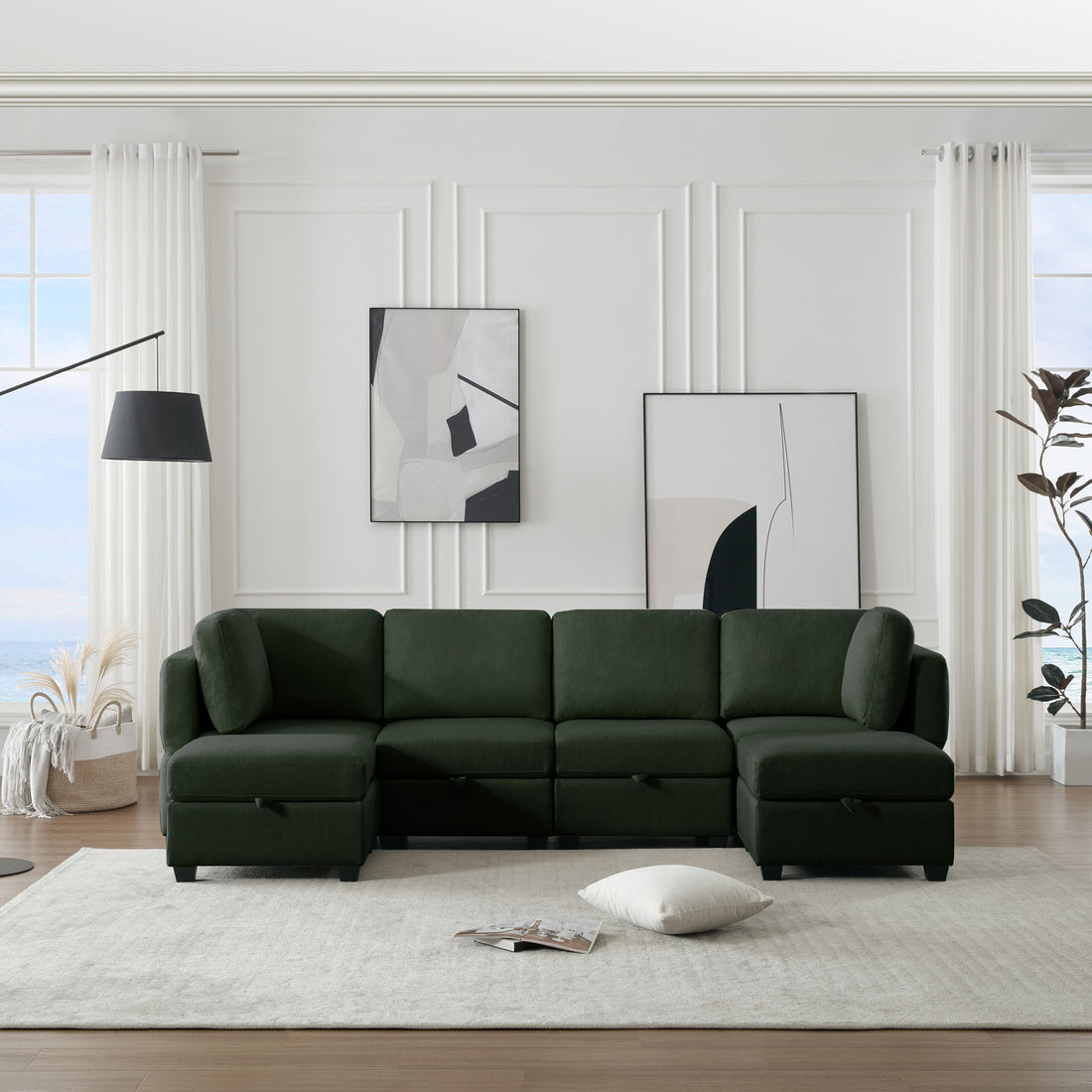 Adjustable Arms And Backs Modern U Shape Linen Couch Modular Sectional Sofa Couch With Storage Seat, Large Convertible Sofa With Reversible Chaise For Living Room Apartment Office, Green Green Polyester 4 Seat