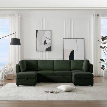 Adjustable Arms And Backs Modern U Shape Linen Couch Modular Sectional Sofa Couch With Storage Seat, Large Convertible Sofa With Reversible Chaise For Living Room Apartment Office, Green Green Polyester 4 Seat