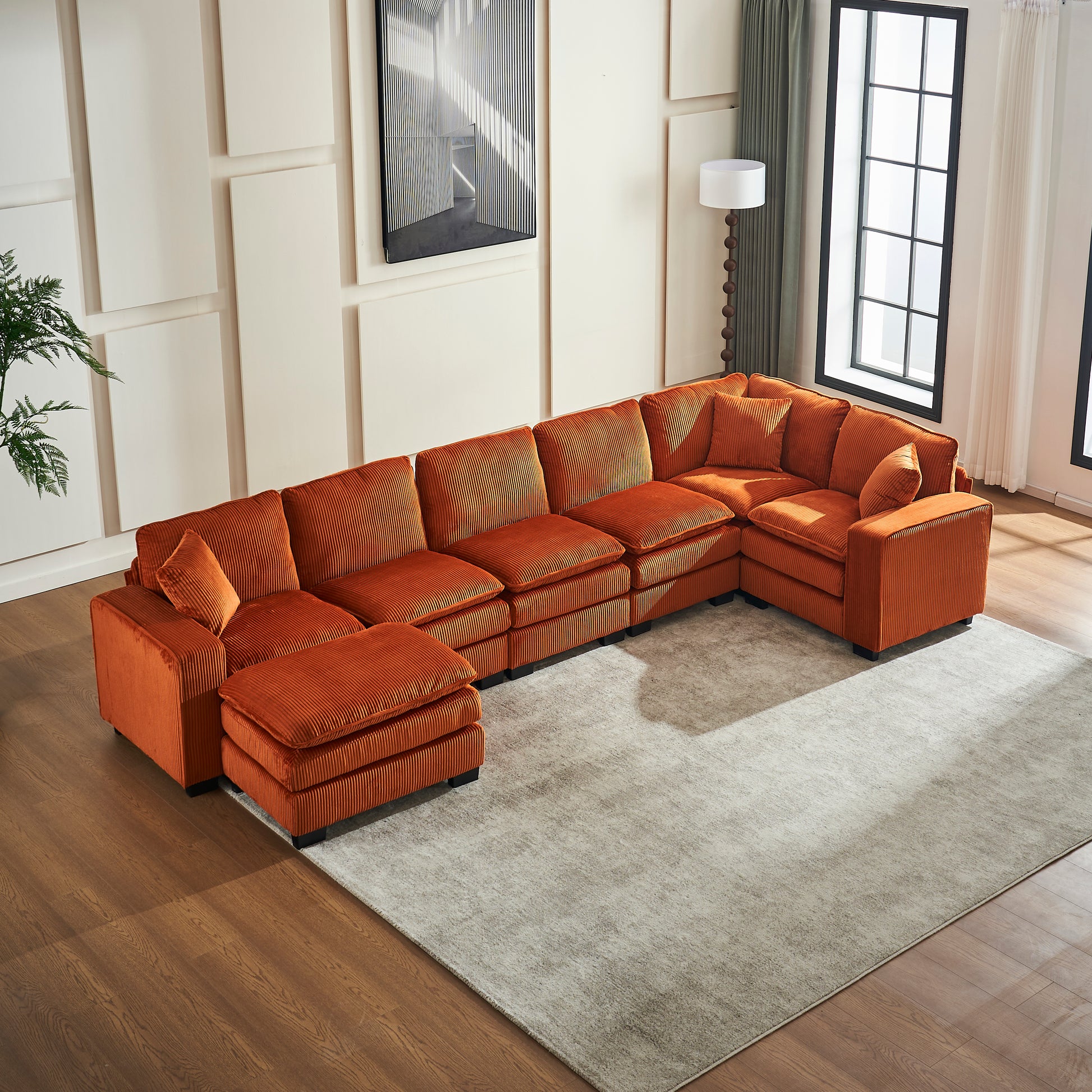 Modern U Shaped 6 Seat Sectional Sofa Couch With One Ottoman And Three Toss Pillows ,Modular Sofa For Living Room,Corduroy Sofa Orange Corduroy 7 Seat