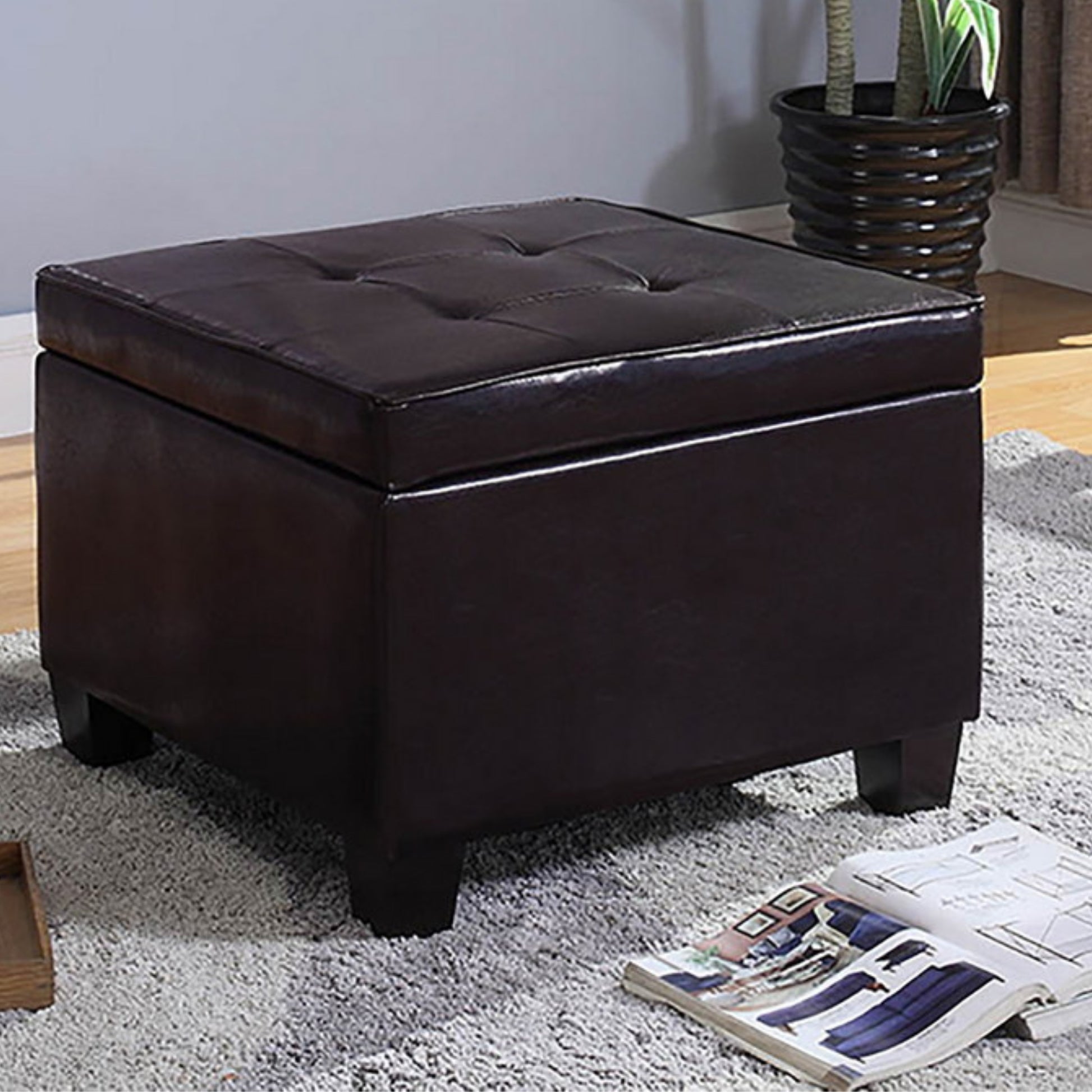 15" Tall Wood And Leather Storage Ottoman, Brown Brown Wood