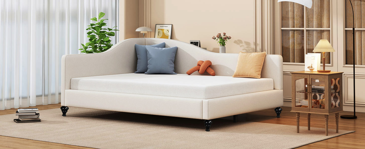 Full Size L Shaped Linen Daybed, With Solid Wood Legs, Beige Old Sku: Sf000146Aaa Full Beige Linen Mdf