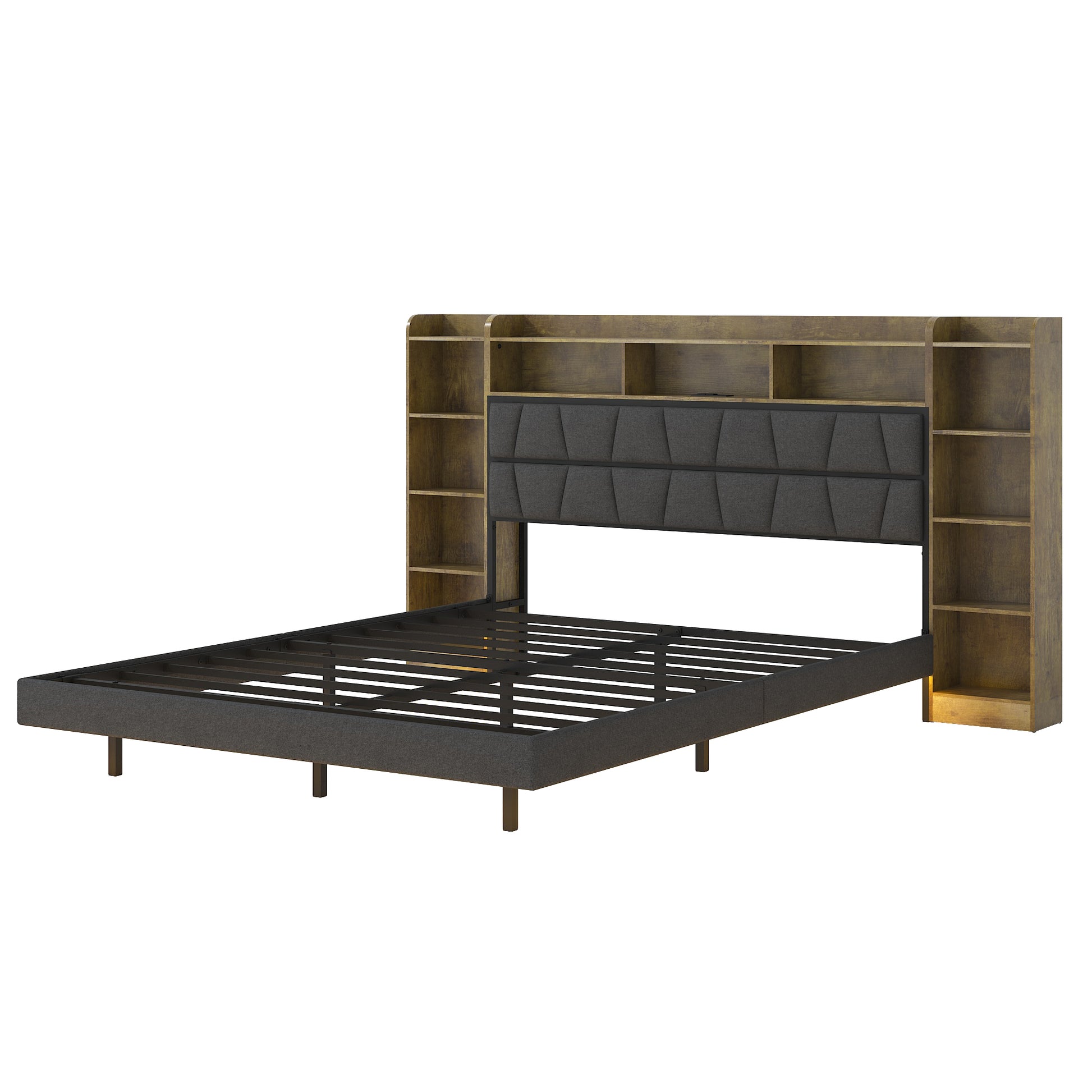 Floating Queen Bed Frame With Led Light And Bookcase Storage Headboard Queen Size Upholstered Platform Bed With Charging Station ,No Box Spring Needed,Easy Assembly, Black Rustic Box Spring Not