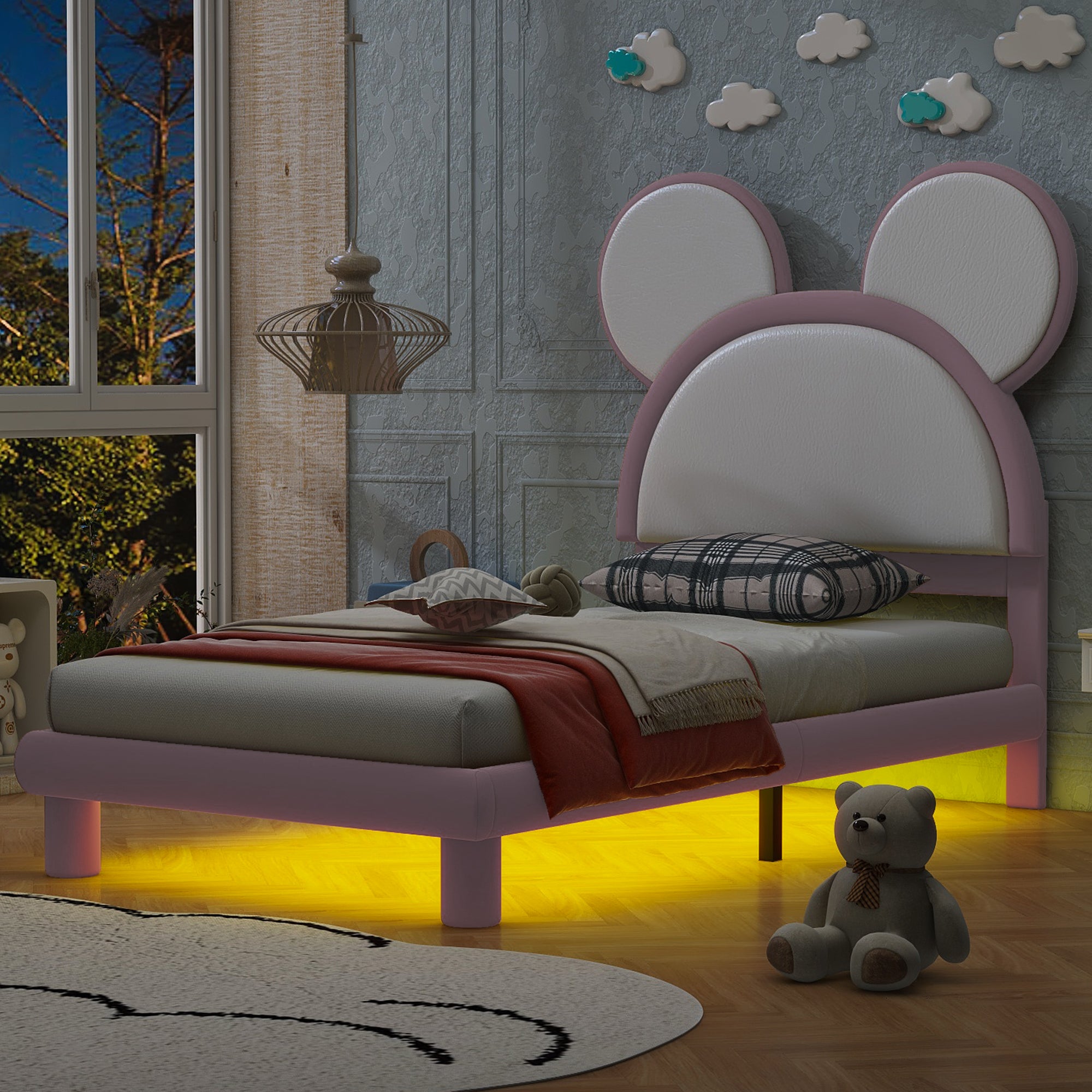 Twin Size Upholstered Platform Bed With Cartoon Ears Shaped Headboard And Led, White&Pink Box Spring Not Required Twin White Pink Bedroom Bed Frame Faux Leather Upholstered