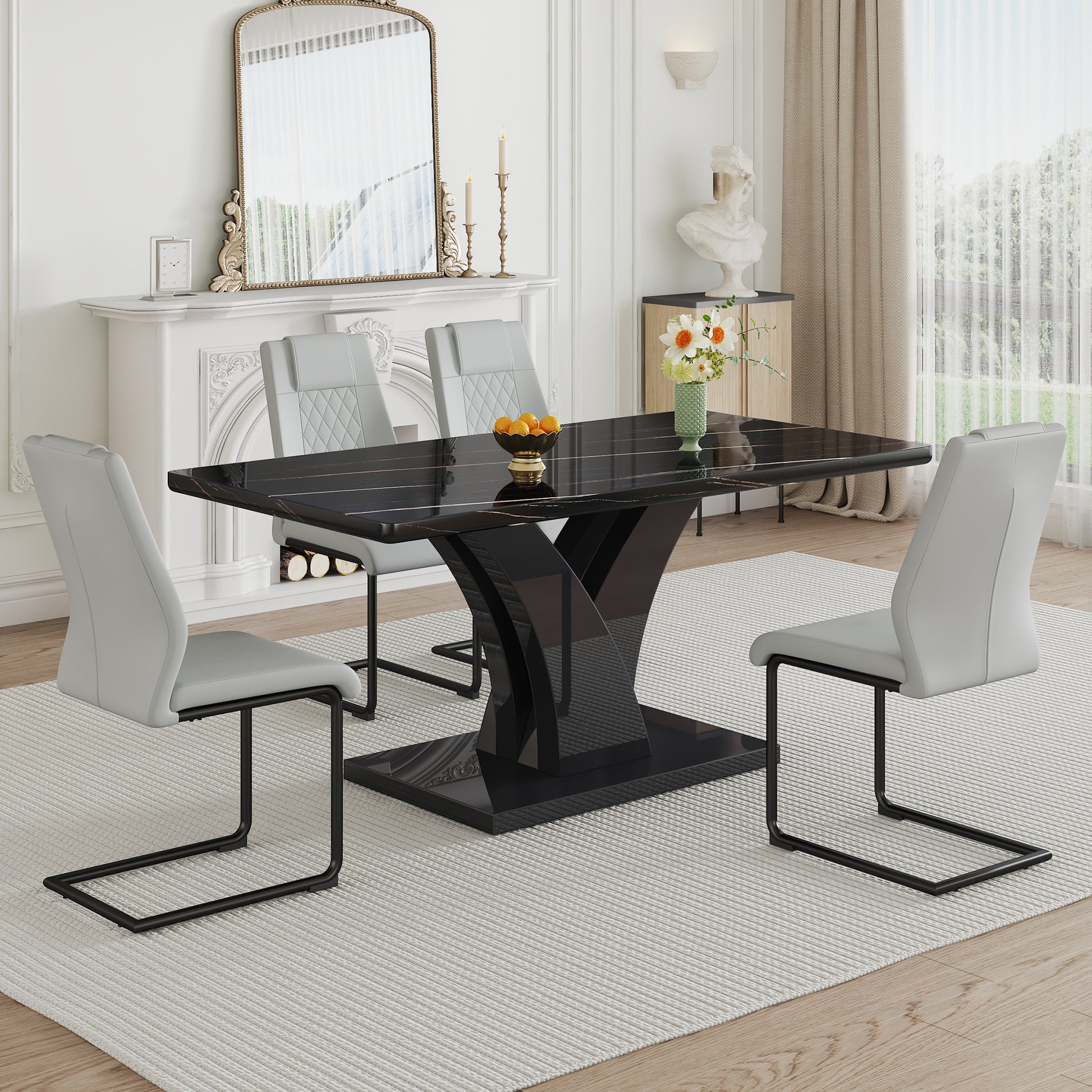 Table And Chair Set, Modern Dining Table, Black Tabletop And Black Mdf Leg Table, Soft And Comfortable Dining Chair, Perfect For Dinner, Meetings, Home And Office Decor Grey Mdf