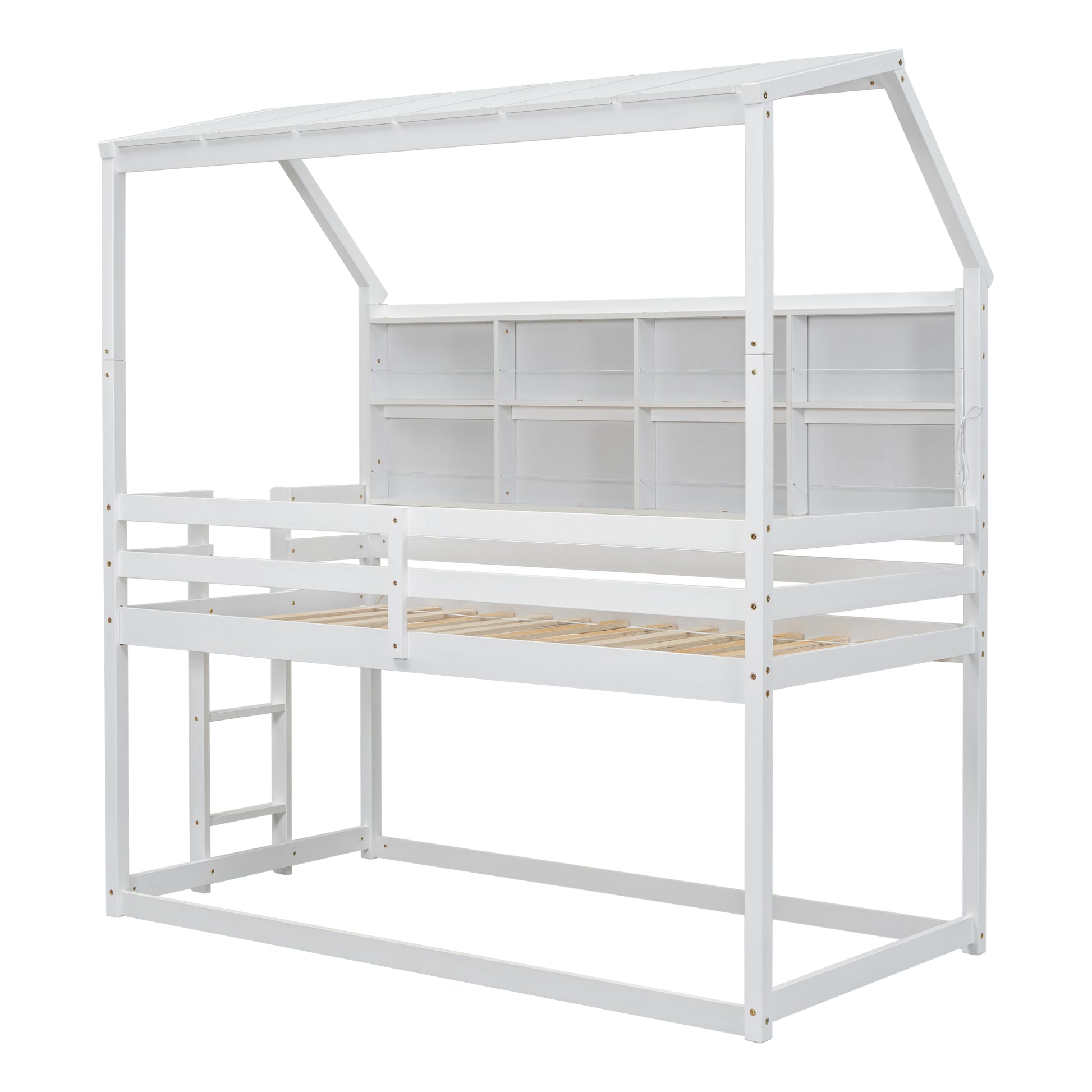 Twin House Loft Bed With Guardrails, Semi Enclosed Roof, Bedside Shelves And Ladder, White Twin White Bedroom American Design Pine Pine