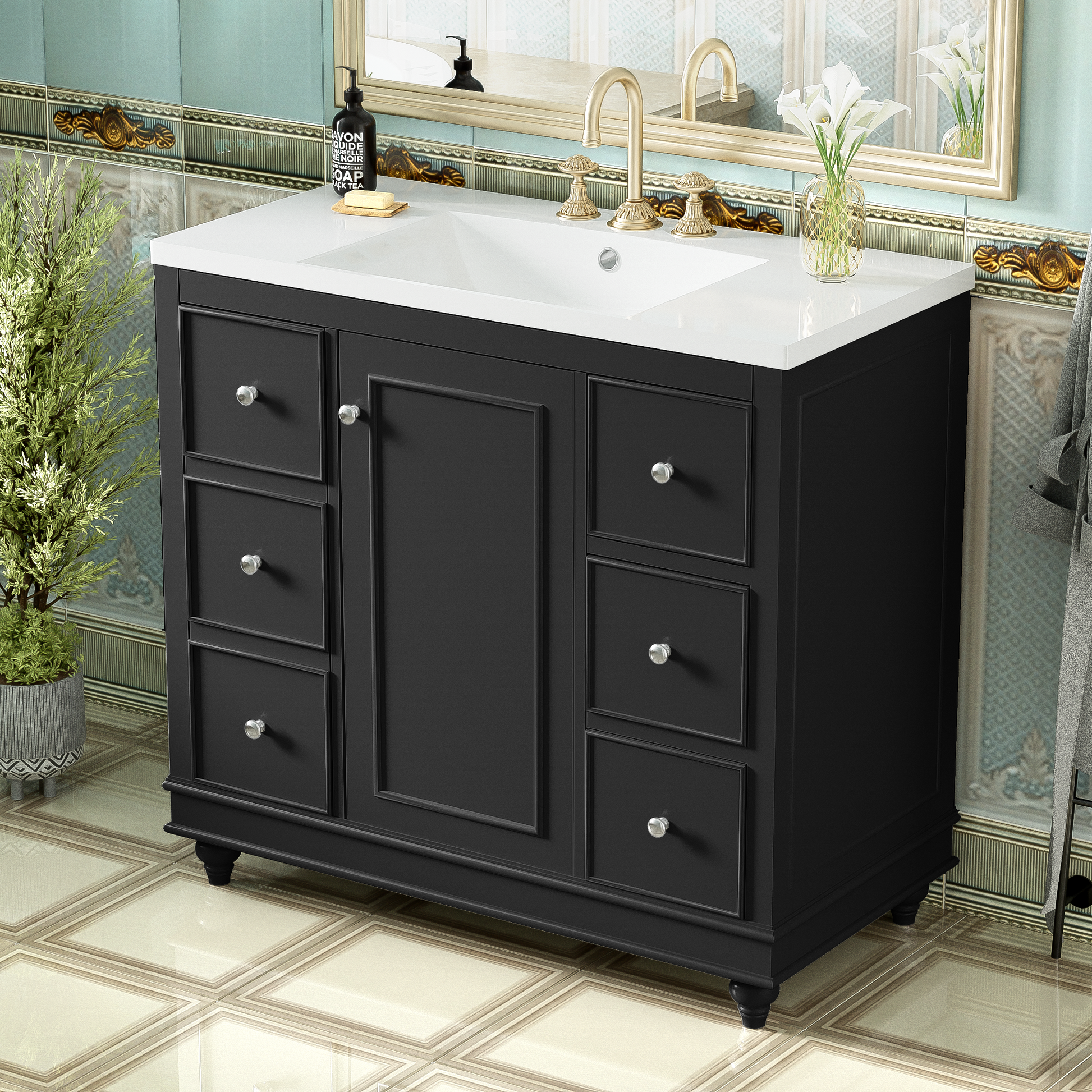 Contemporary Black Bathroom Vanity Cabinet 36X18X34 Inches, 4 Drawers & 1 Cabinet Door, Multipurpose Storage, Resin Integrated Sink, Adjustable Shelves, Solid Wood Frame With Mdf Black Bathroom