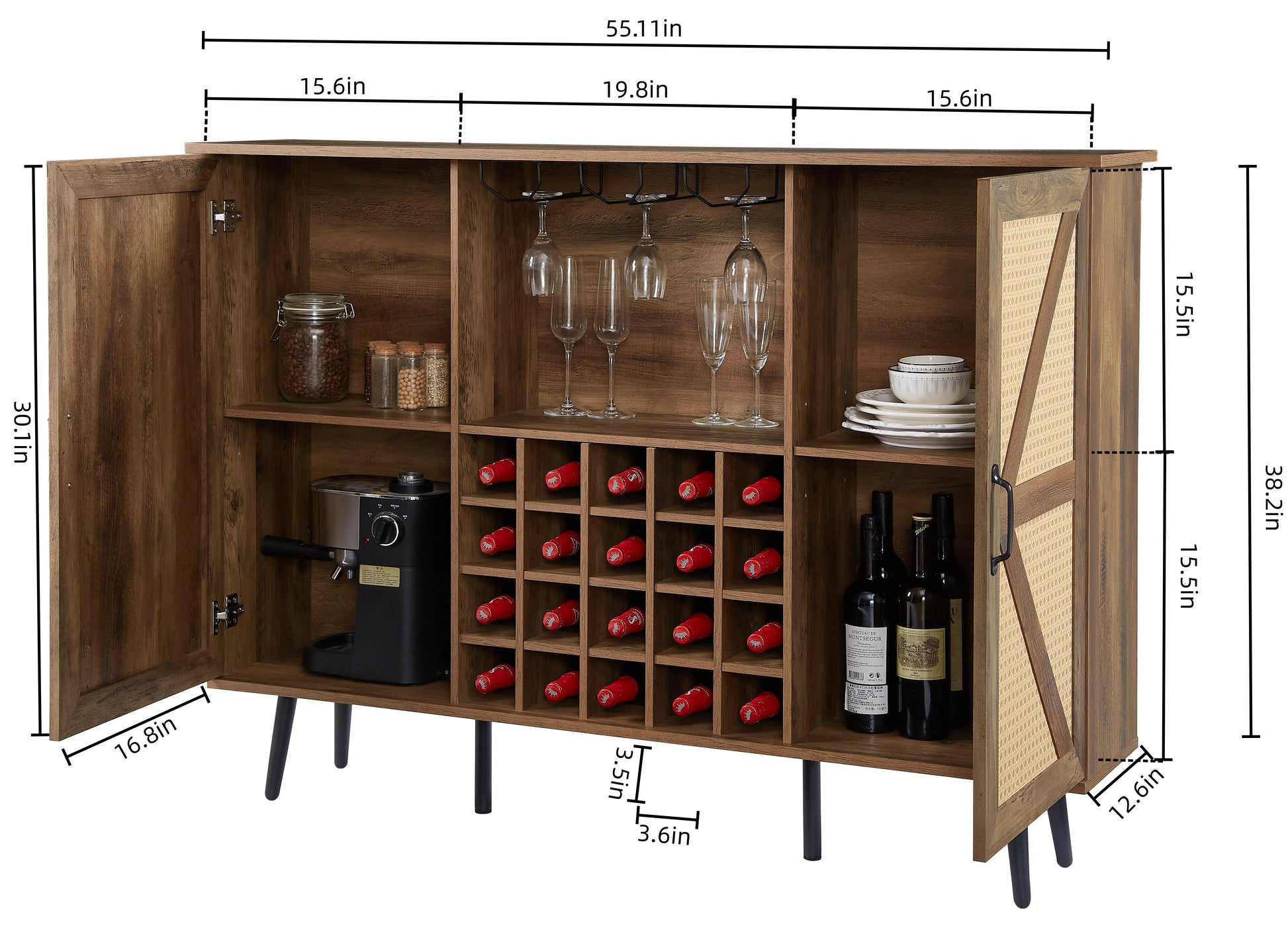 Oak Color Faux Rattan Barn Door Wine Cabinet With Wine Rack And Wine Glass Rack, Double Door Design With Removable Shelves, Rustic Wood Storage Cabinet Oak Particle Board Mdf