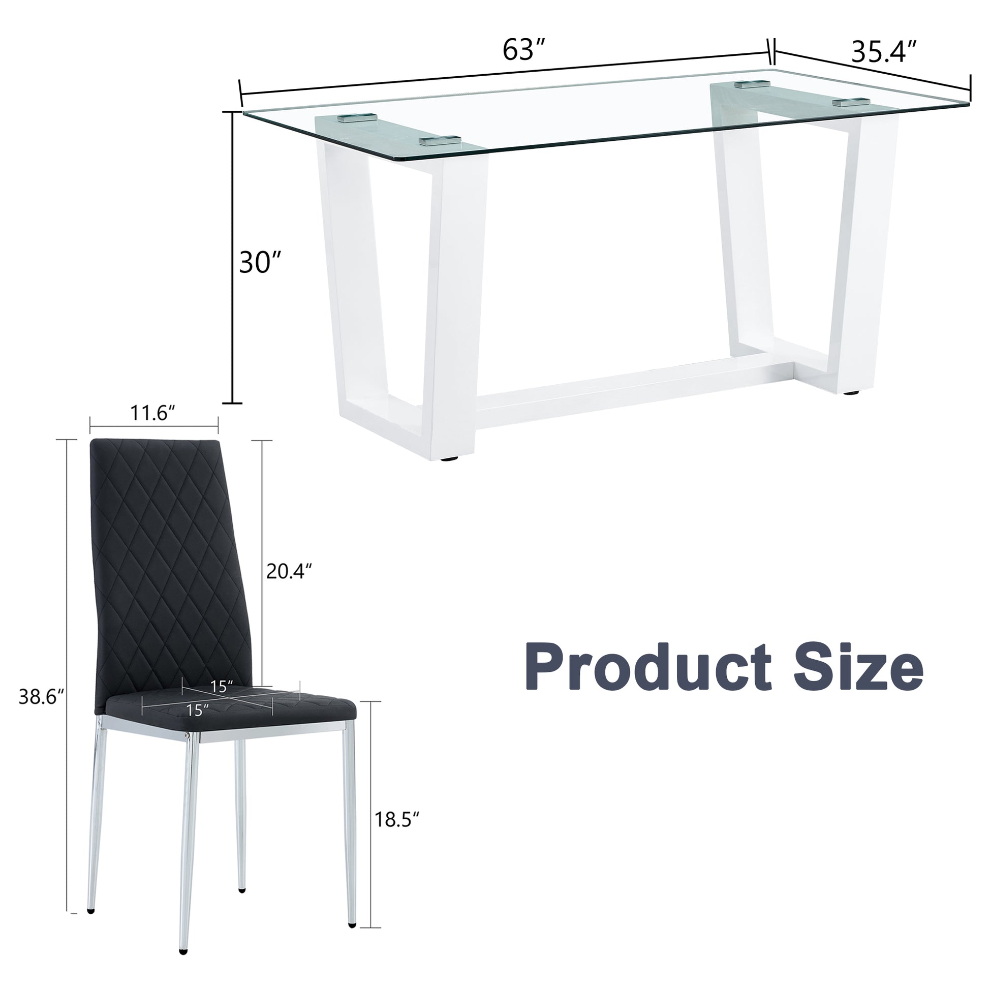 Table And Chair Set.A Rectangular Dining Table Features With Tempered Glass Top And Sleek White Mdf Stand.Paried With 4 Pu Chairs With Checkered Armless High Back And Electroplated Metal Legs. Black,White Seats 4 Mdf Glass