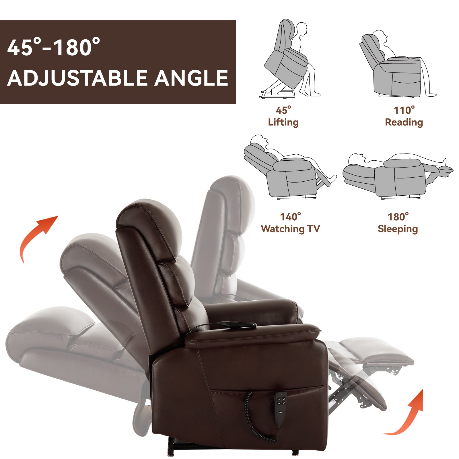 Brown Leatheraire Dual Motor Infinite Position Up To 350 Lbs Power Lift Recliner Chair With Power Remote, Heat Massage And Heavy Duty Motion Mechanism White Metal Primary Living Space Heavy Duty