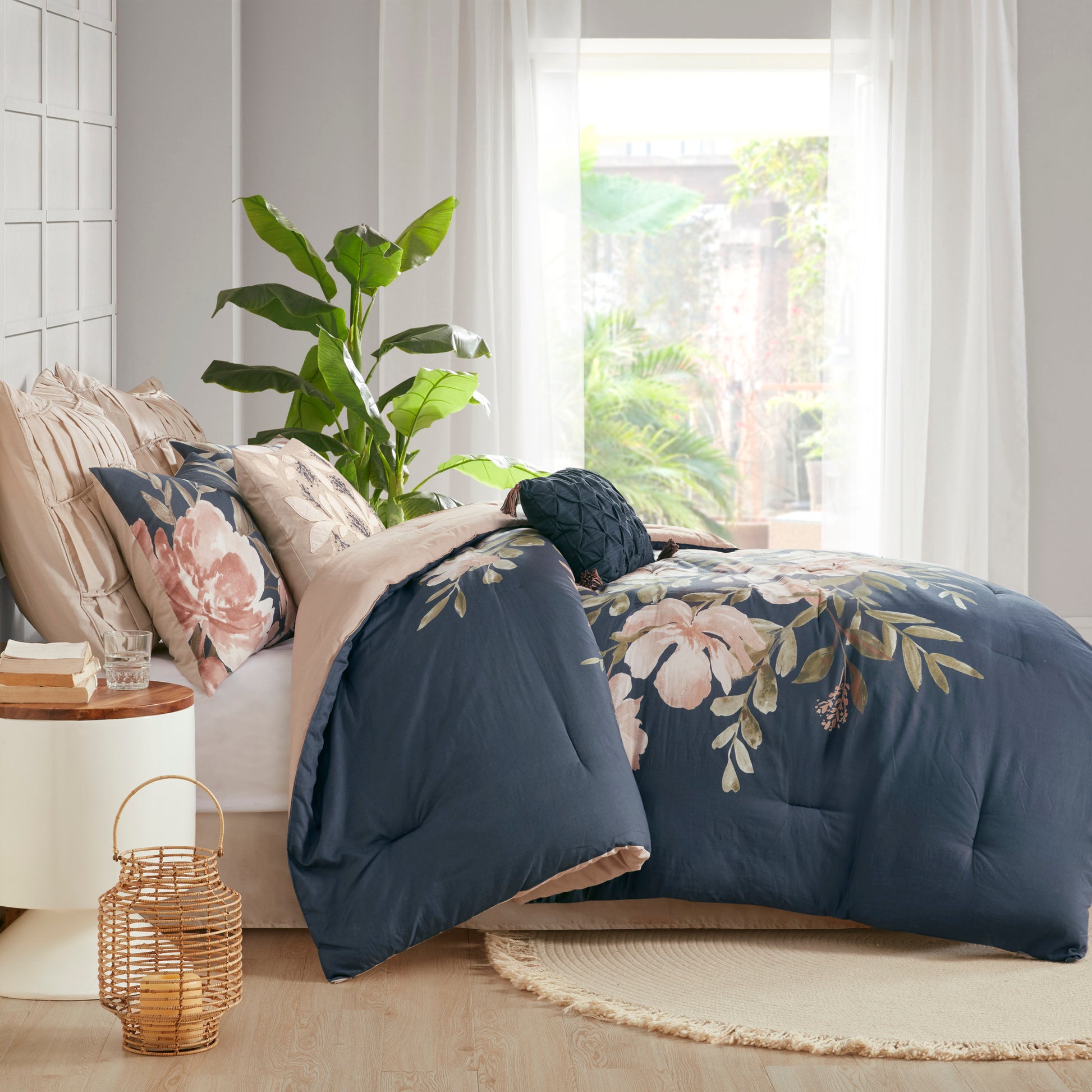 8 Piece Cotton Comforter Set Navy King King Navy Polyester