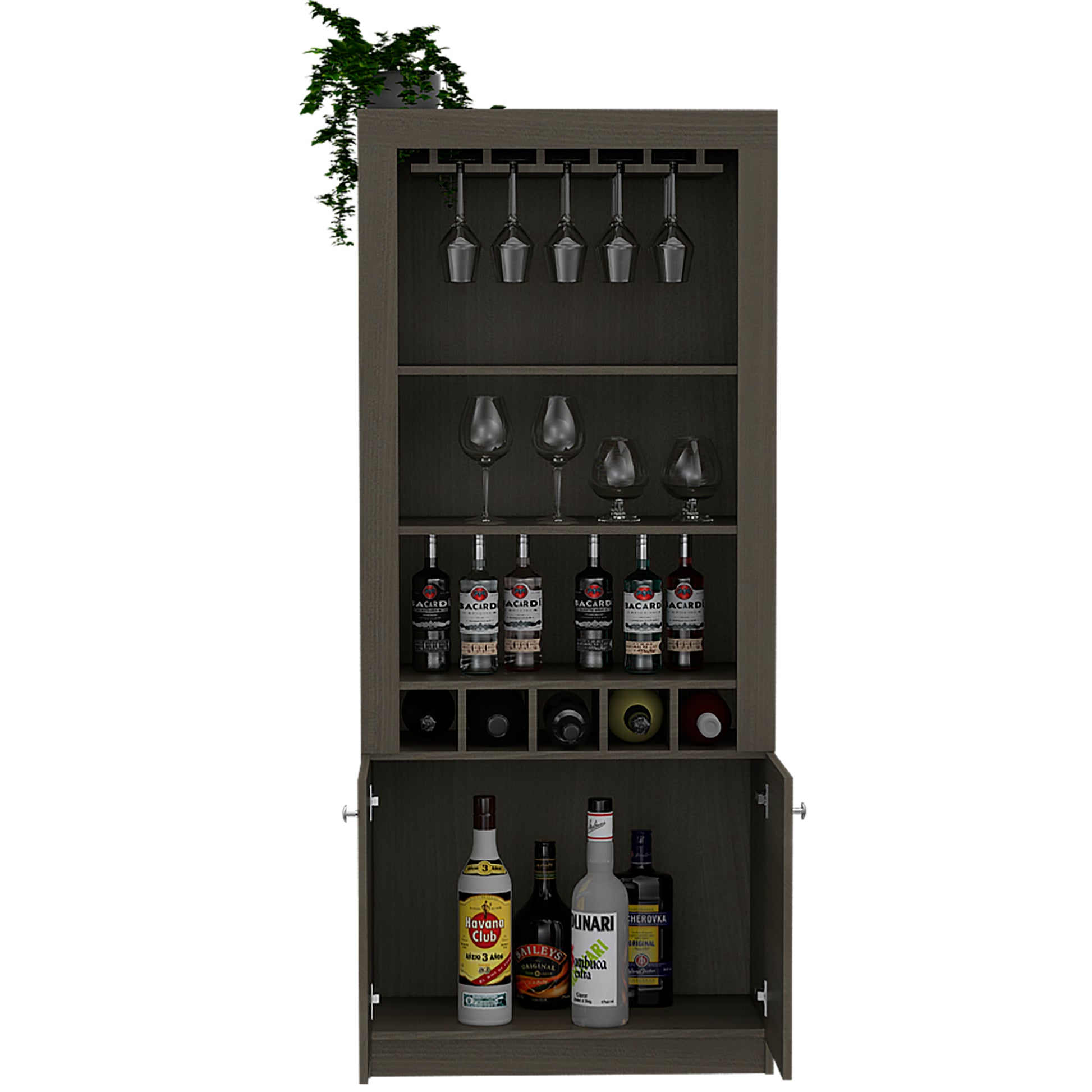 Montenegro Bar Cabinet, Double Door Cabinet, Five Built In Wine Rack, Three Shelves Brown Dining Room Modern Shelves Included Particle Board