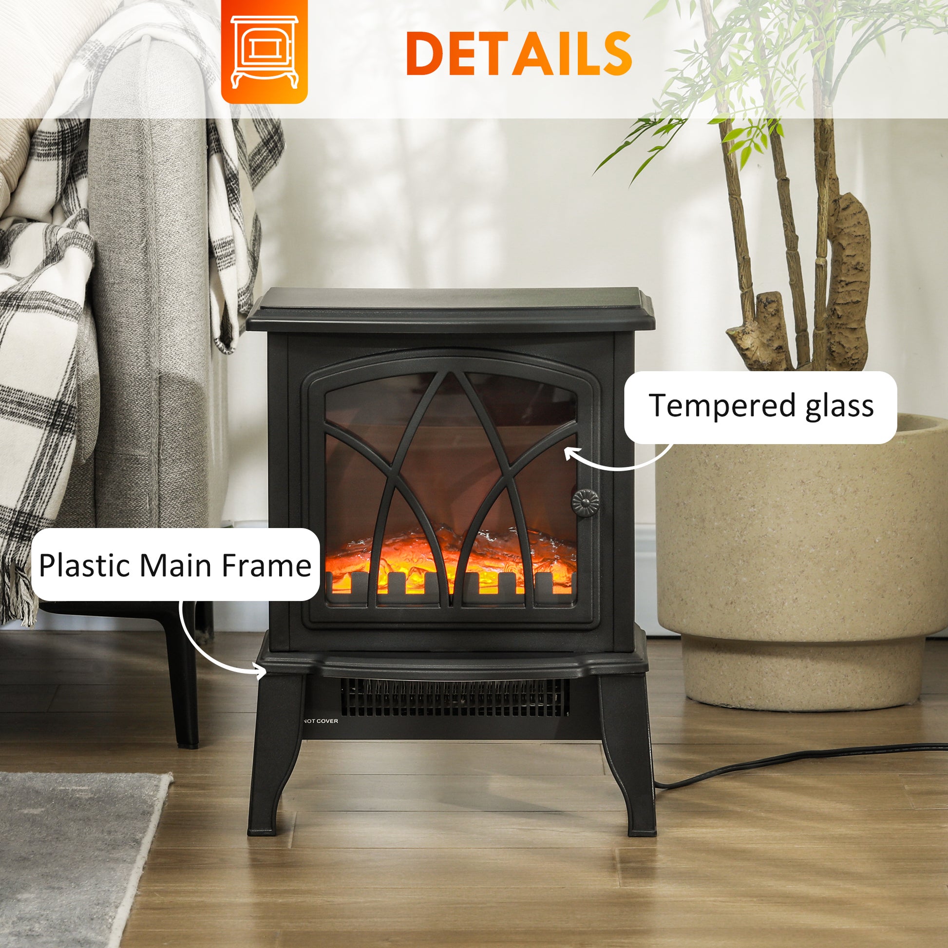 Homcom Electric Fireplace Stove, 18" Freestanding Fireplace Heater With Realistic Flame, Overheating Protection, Portable, 750W 1500W, Black Black Plastic