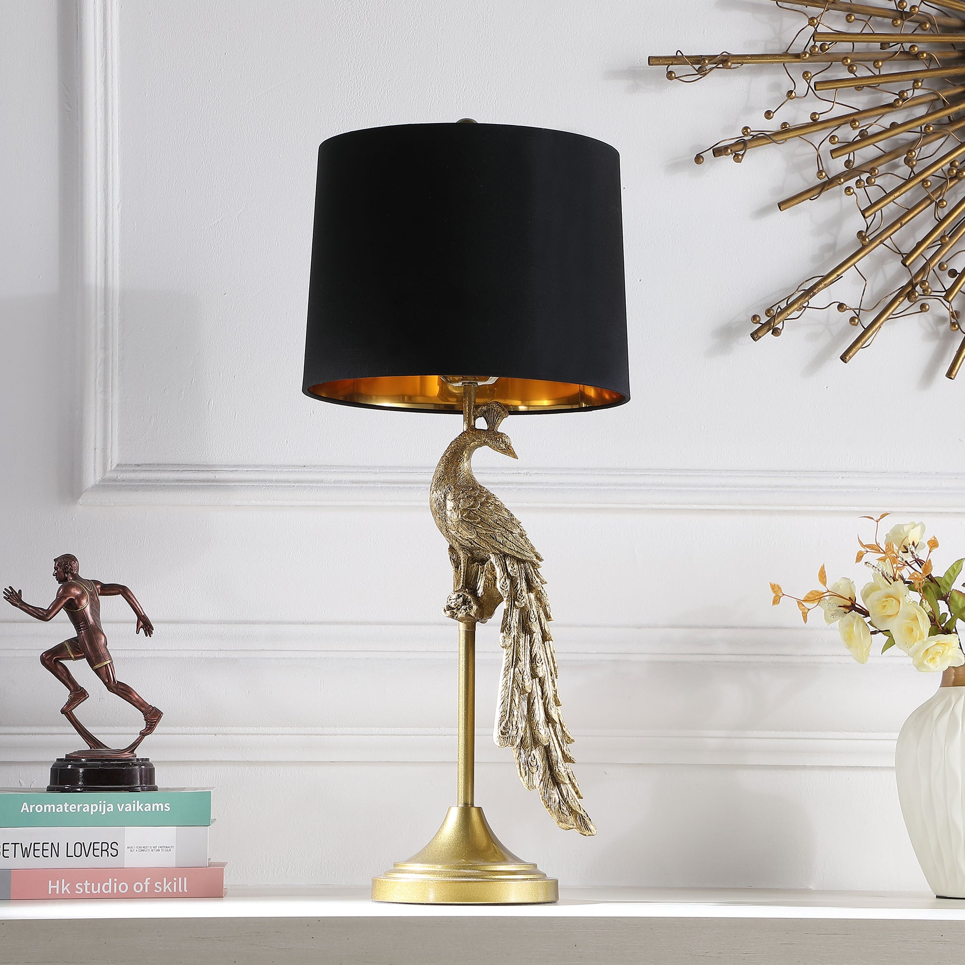 29" In Modern Elegance Golden Peacock On A Pedestal Polyresin Table Lamp Golden Polyresin