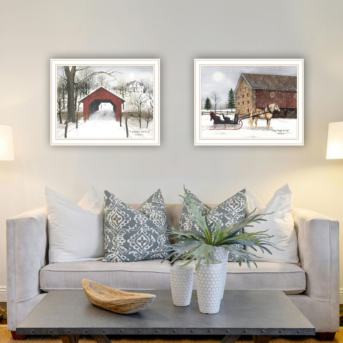 2 Piece Vignette Sleigh Ride To Grandma'S White Framed Wall Art For Living Room, Bedroom Wall Art Print For Home Decor By Billy Jacobs Multi Wood Paper
