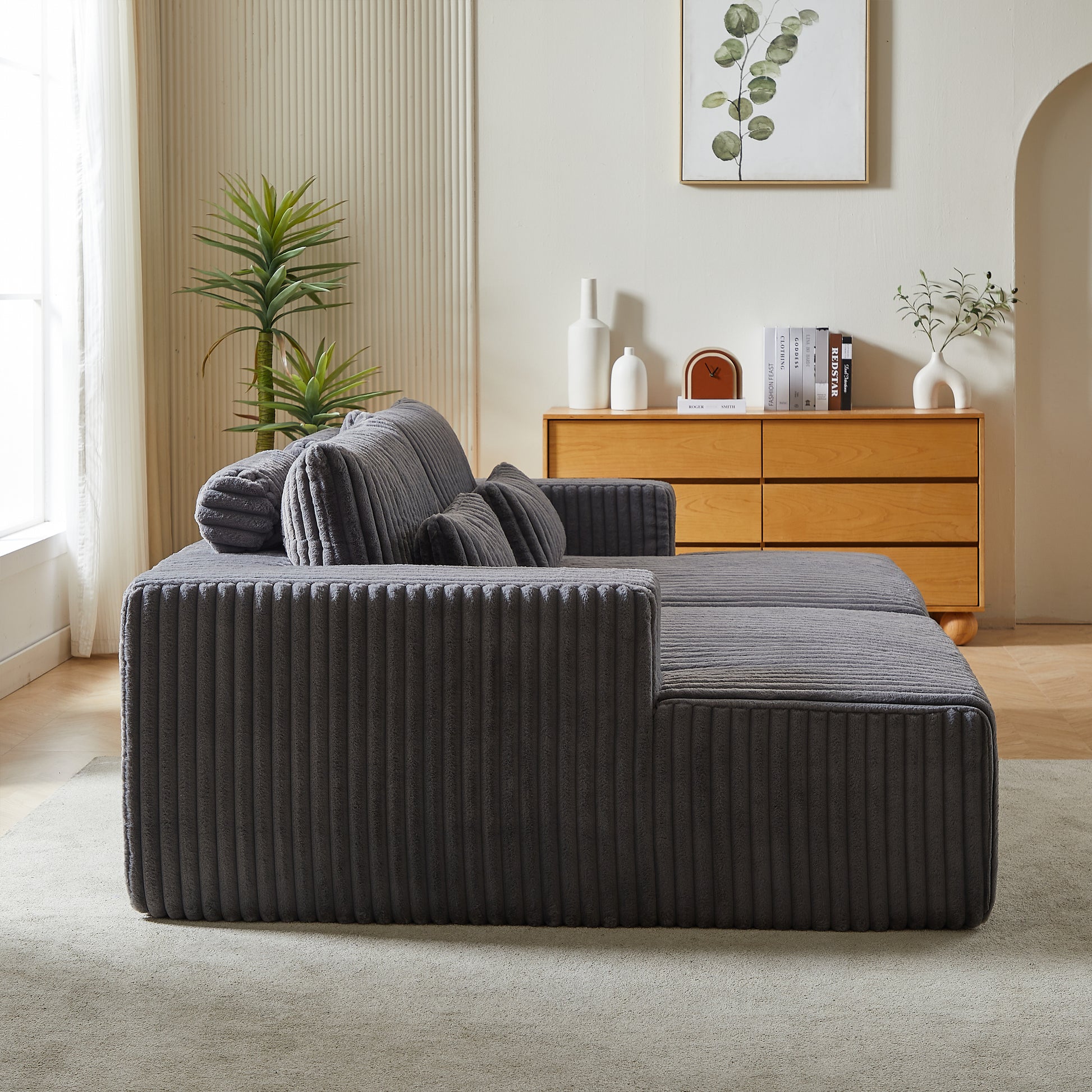 87" Oversized Sectional Lounge Chaise ,No Assembly Required,Cloud Plush Loveseat With Reclining Sofa Bed,Fluffy Modern Sleeper Chair For Indoor Living Room Bedroom Grey Corduroy 2 Seat
