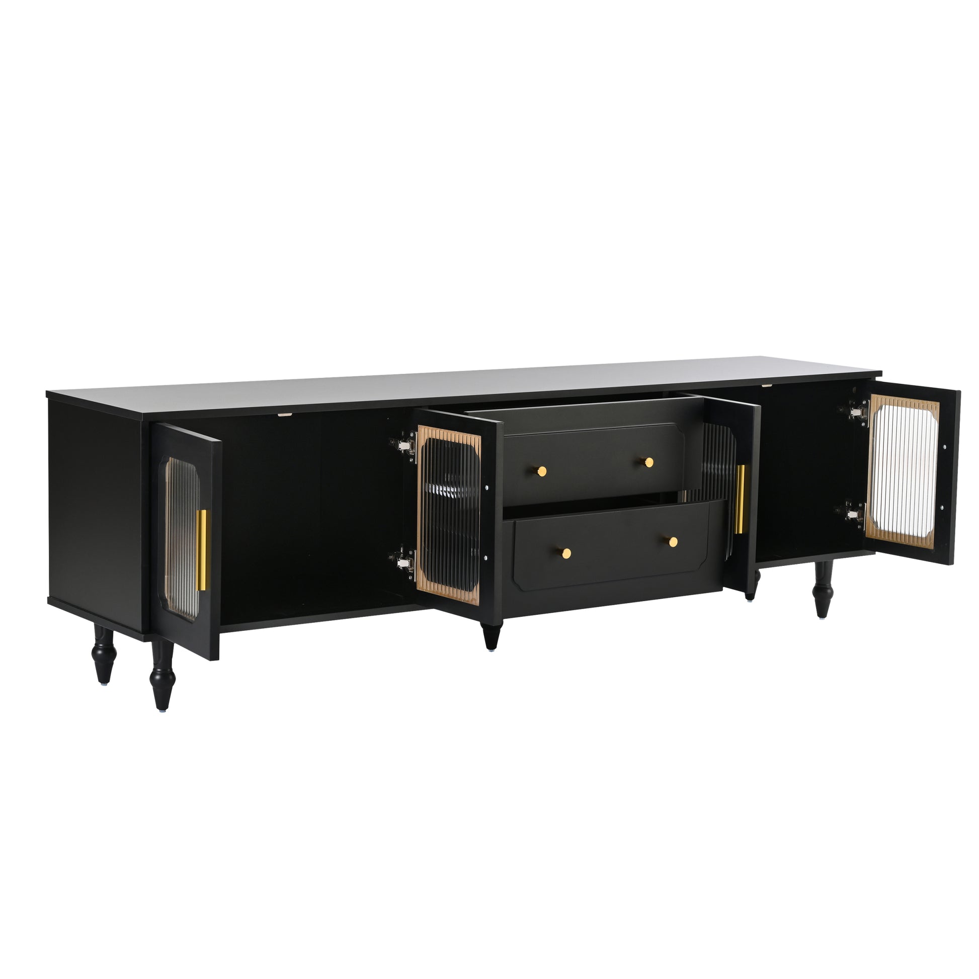 Retro Design Tv Stand With Fluted Glass Doors For Tvs Up To 78'', Practical Media Console With 2 Drawers And Cabinets, Elegant Entertainment Center For Living Room, Black Black Primary Living Space 70 79 Inches 70 79 Inches Particle Board