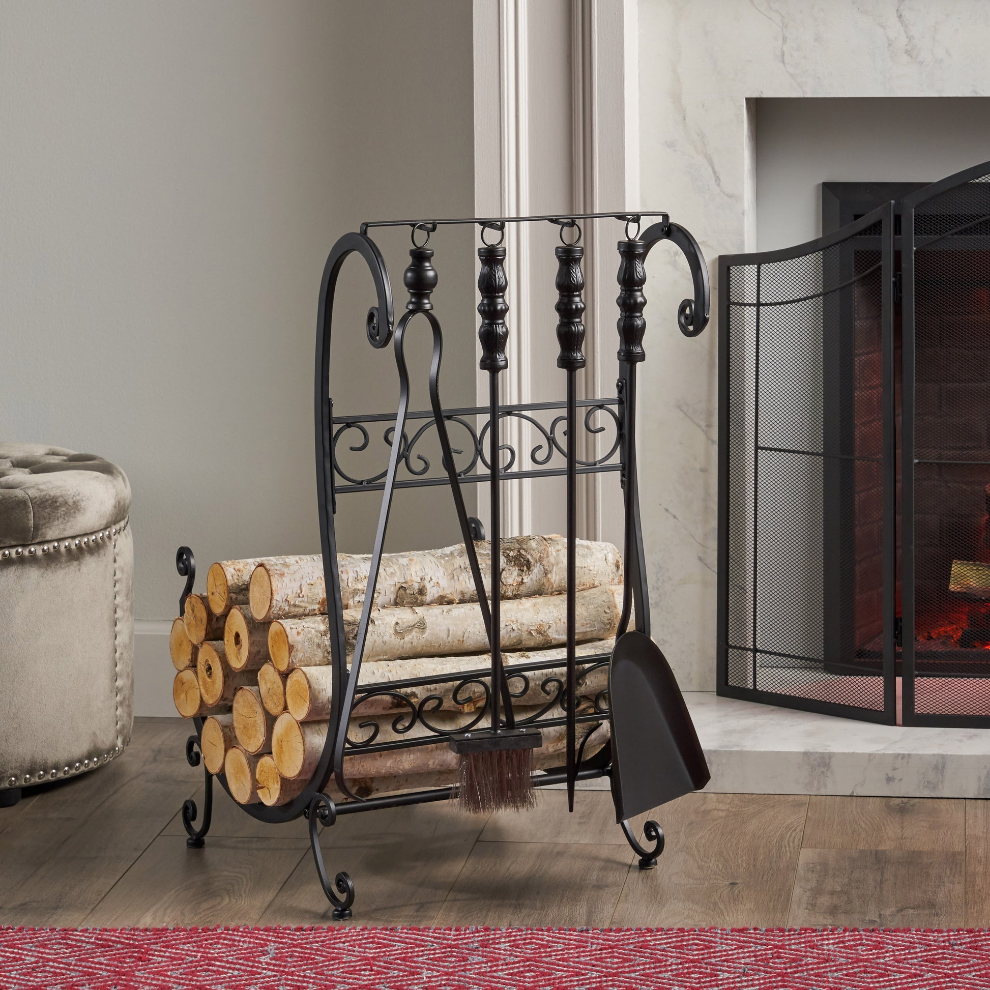 Log Rack And Tools Matt Black Iron