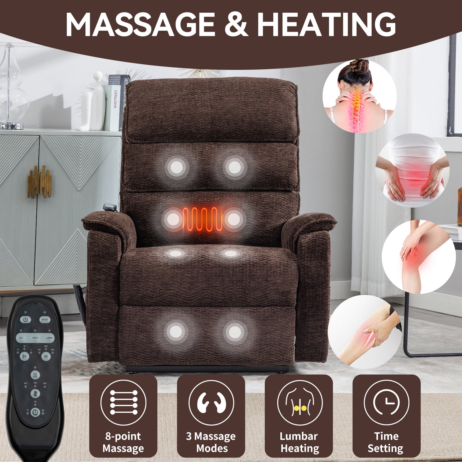 Brown Chenille Dual Motor Infinite Position Up To 350 Lbs Power Lift Recliner Chair With Power Remote, Heat Massage And Heavy Duty Motion Mechanism White Metal Primary Living Space Heavy Duty Push