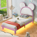 Twin Size Upholstered Platform Bed With Cartoon Ears Shaped Headboard And Led, White&Pink Box Spring Not Required Twin White Pink Bedroom Bed Frame Faux Leather Upholstered