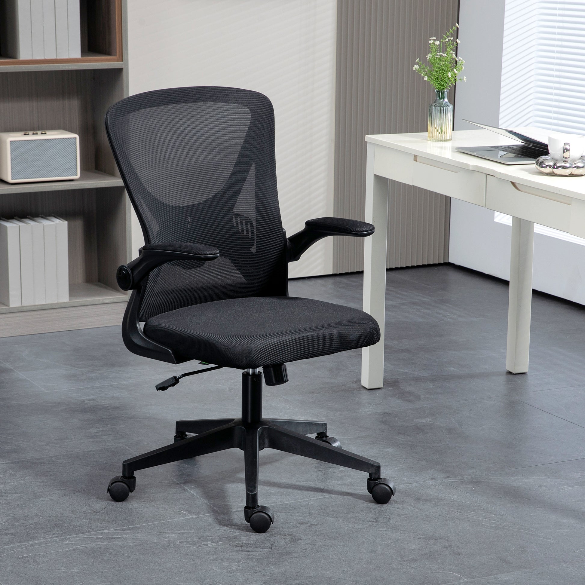 Vinsetto Mid Back Mesh Home Office Chair, Ergonomic Computer Task Chair With Lumbar Back Support, Adjustable Height, And Flip Up Arms, Black Black Steel