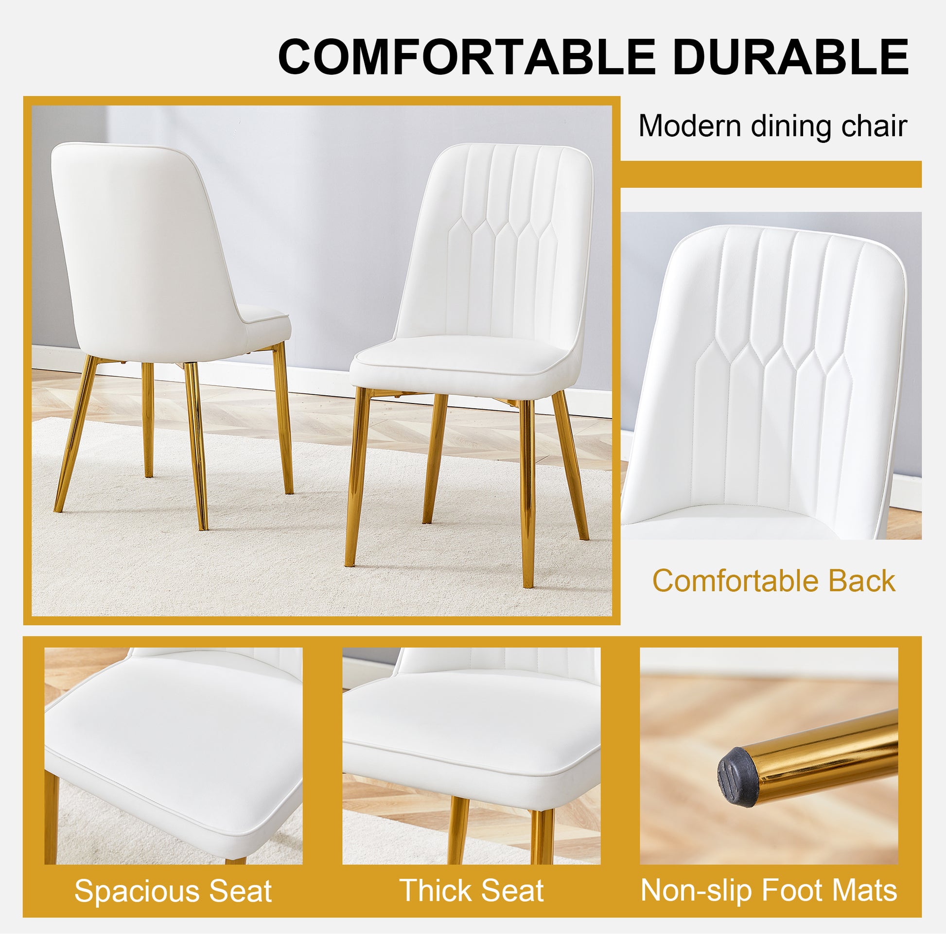 4 Modern Dining Chairs, Sleek Pu Leather Backrest, And Gold Metal Legs Bring A Comfortable Home Experience To The Kitchen, Bedroom, And Office. White Pu