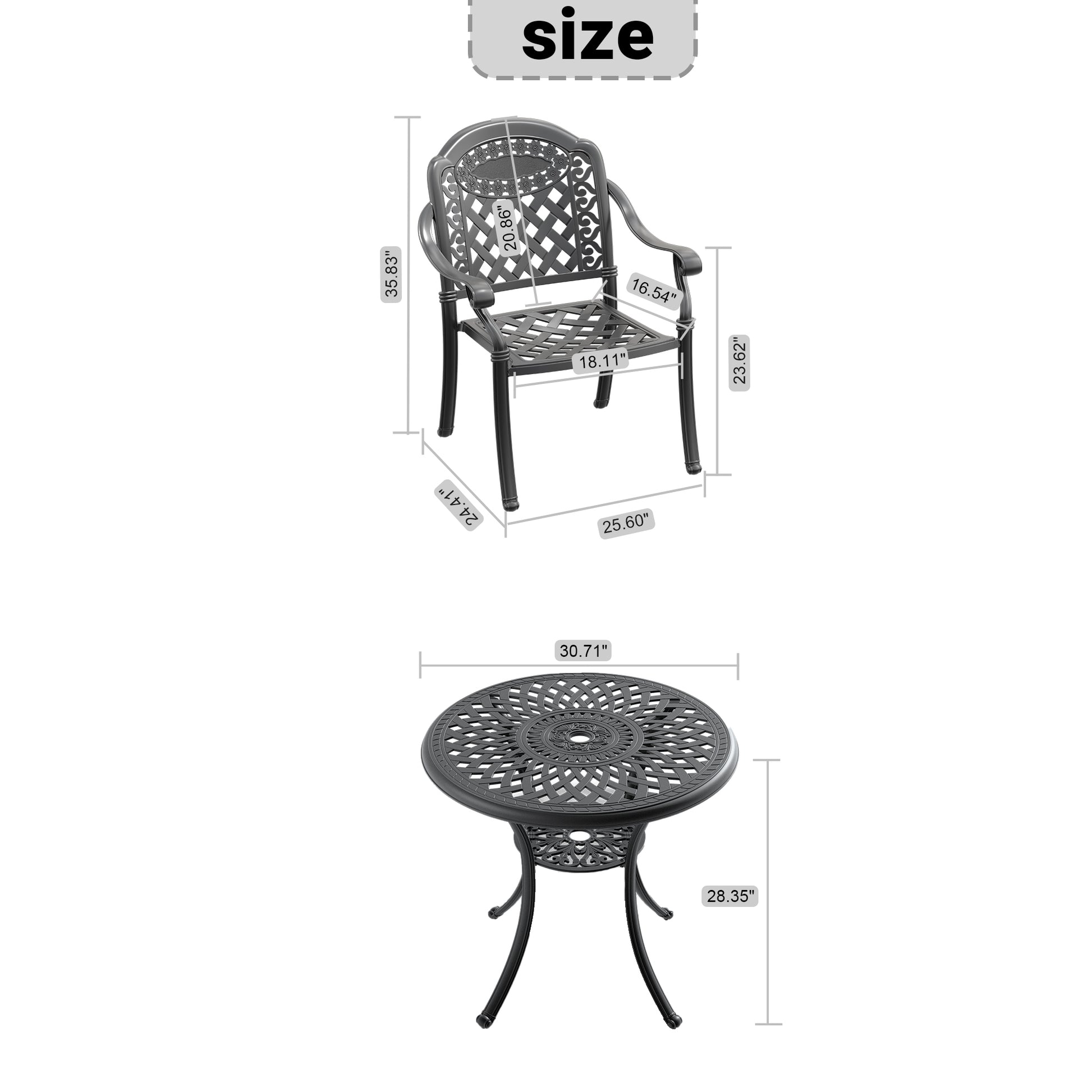 Cushions In Random Colors 3 Piece Set Of Cast Aluminum Patio Furniture With Cushions Yes Dining Set Black Seats 2 Rust Resistant Frame Water Resistant Cushion Garden & Outdoor Complete Patio Sets Aluminium