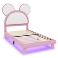 Twin Size Upholstered Platform Bed With Cartoon Ears Shaped Headboard And Led, White&Pink Box Spring Not Required Twin White Pink Bedroom Bed Frame Faux Leather Upholstered