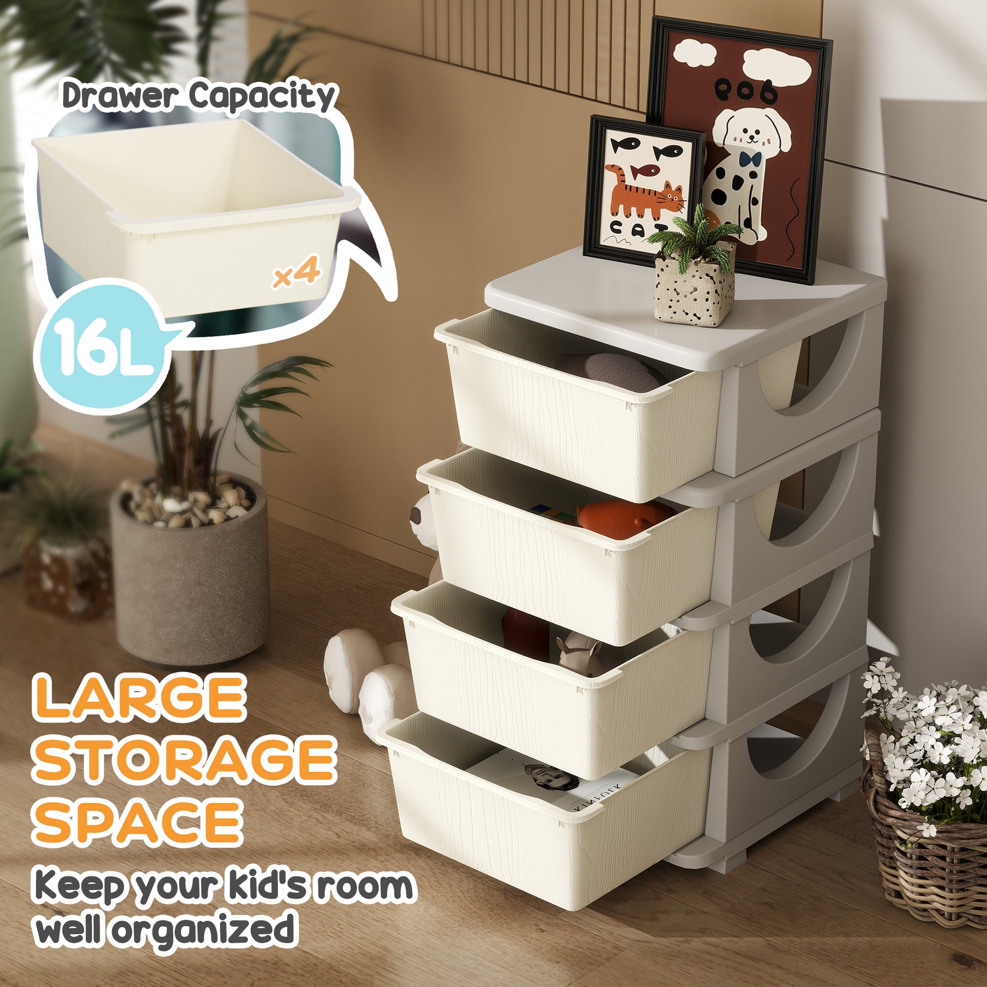 Qaba 4 Tier Kids Storage Unit, 4 Drawer Chest Toy Organizer Plastic Bins For Kids Bedroom Nursery Kindergarten Living Room For Boys Girls Toddlers, Cream White Cream White Plastic