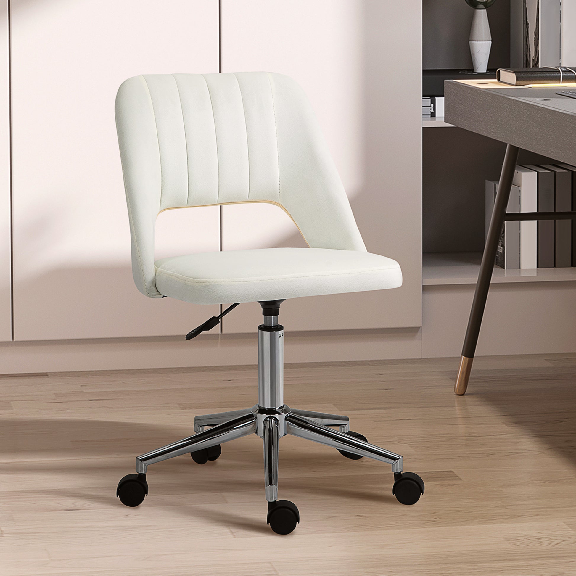 Vinsetto Modern Mid Back Office Chair With Velvet Fabric, Swivel Computer Armless Desk Chair With Hollow Back Design For Home Office, Cream White Cream White Polyester