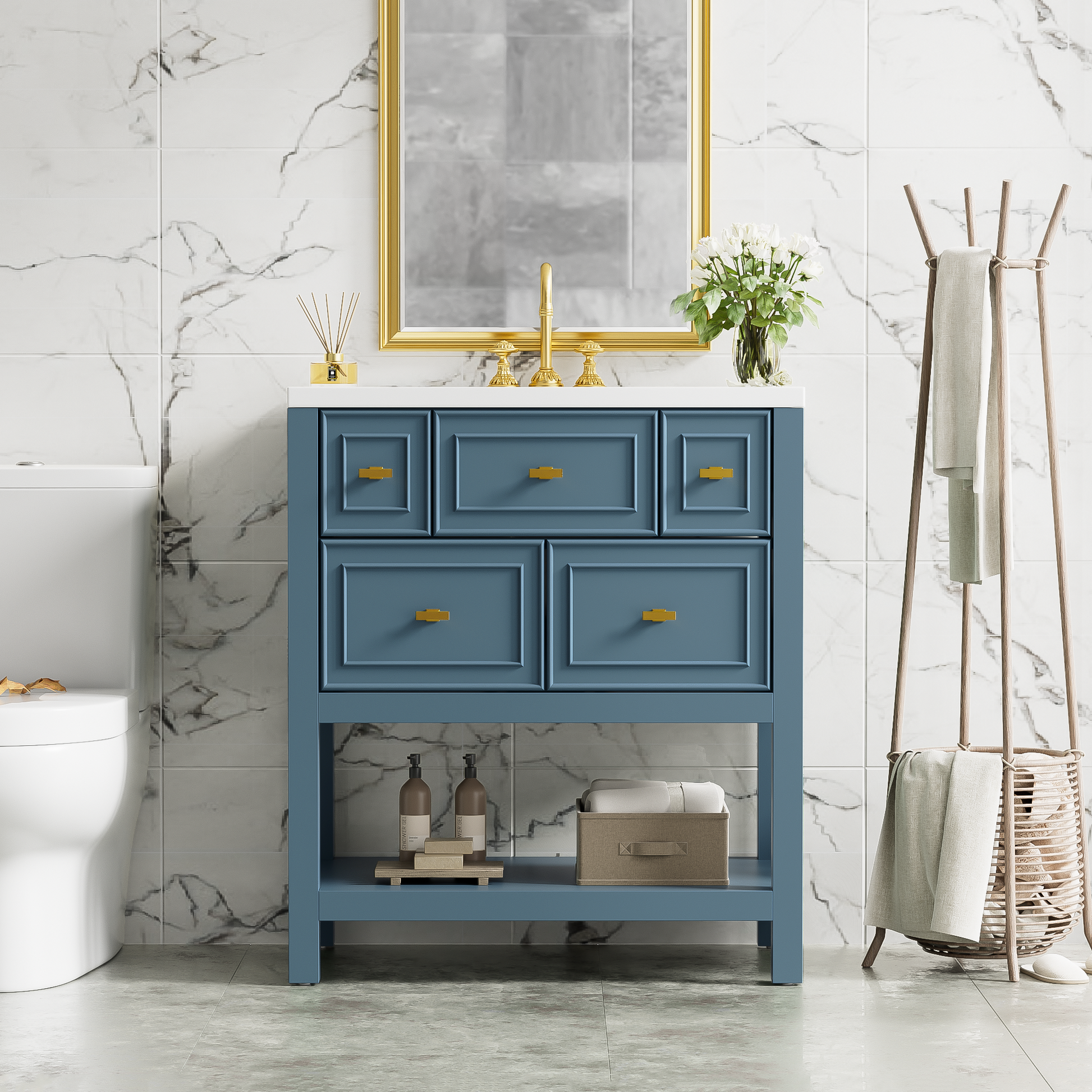 30'' Bathroom Vanity With Resin Sink Combo, Free Standing Single Vanity Set With 5 Drawers, Solid Wood Frame Bathroom Storage Cabinet, Blue 4 Blue 1 Bathroom Freestanding Modern Solid Wood Mdf Resin Painted