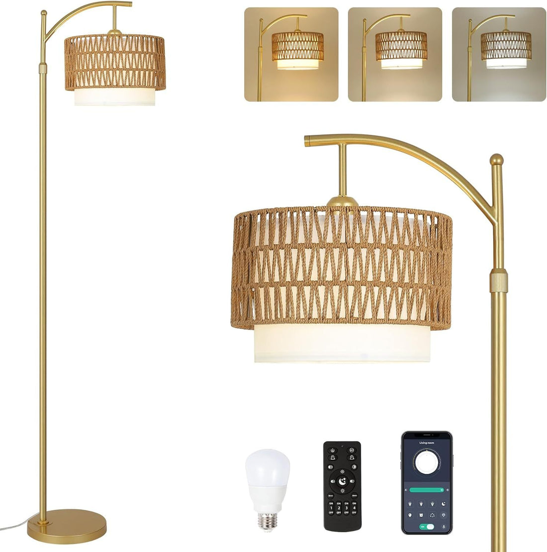 Gold Floor Lamps For Living Room With Remote & Dimmable Led Bulb, Modern Arc Floor Lamp With 3 Color Temperatures, Boho Standing Lamp With Rattan & Fabric Shades, Adjustable Tall Lamp For Bedroom Brown Gold Rattan Metal