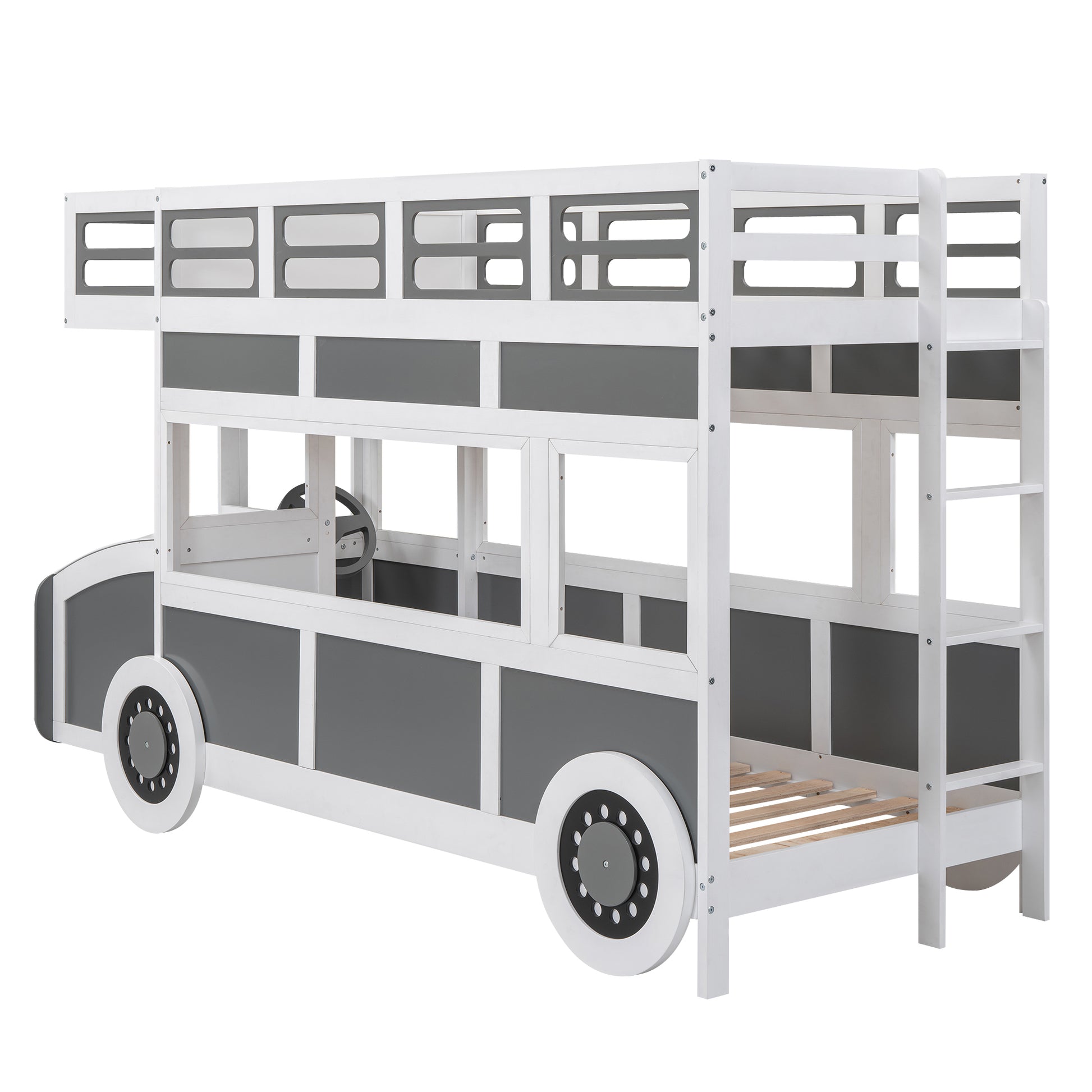 Twin Over Twin Bus Shaped Bunk Bed With Wheels And Storage, Gray White Box Spring Not Required Twin Grey White Wood Bedroom Solid Wood Mdf