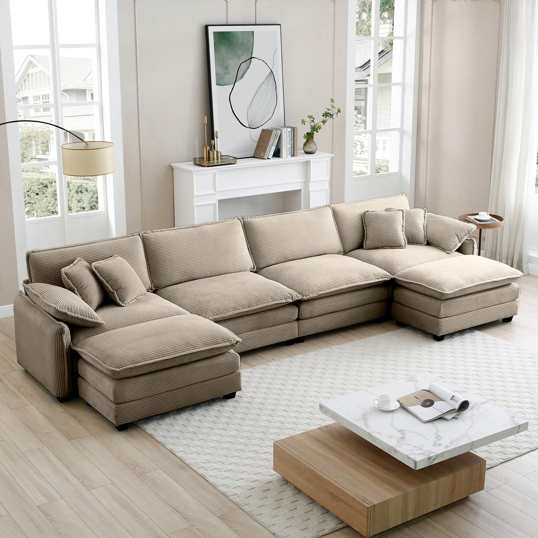 Over Size U Shape Corduroy Sofamodern Upholstered 4 Seater Sofa With 2 Ottomans, Premium Soft Corduroy Fabric Sofa Camel Corduroy 4 Seat