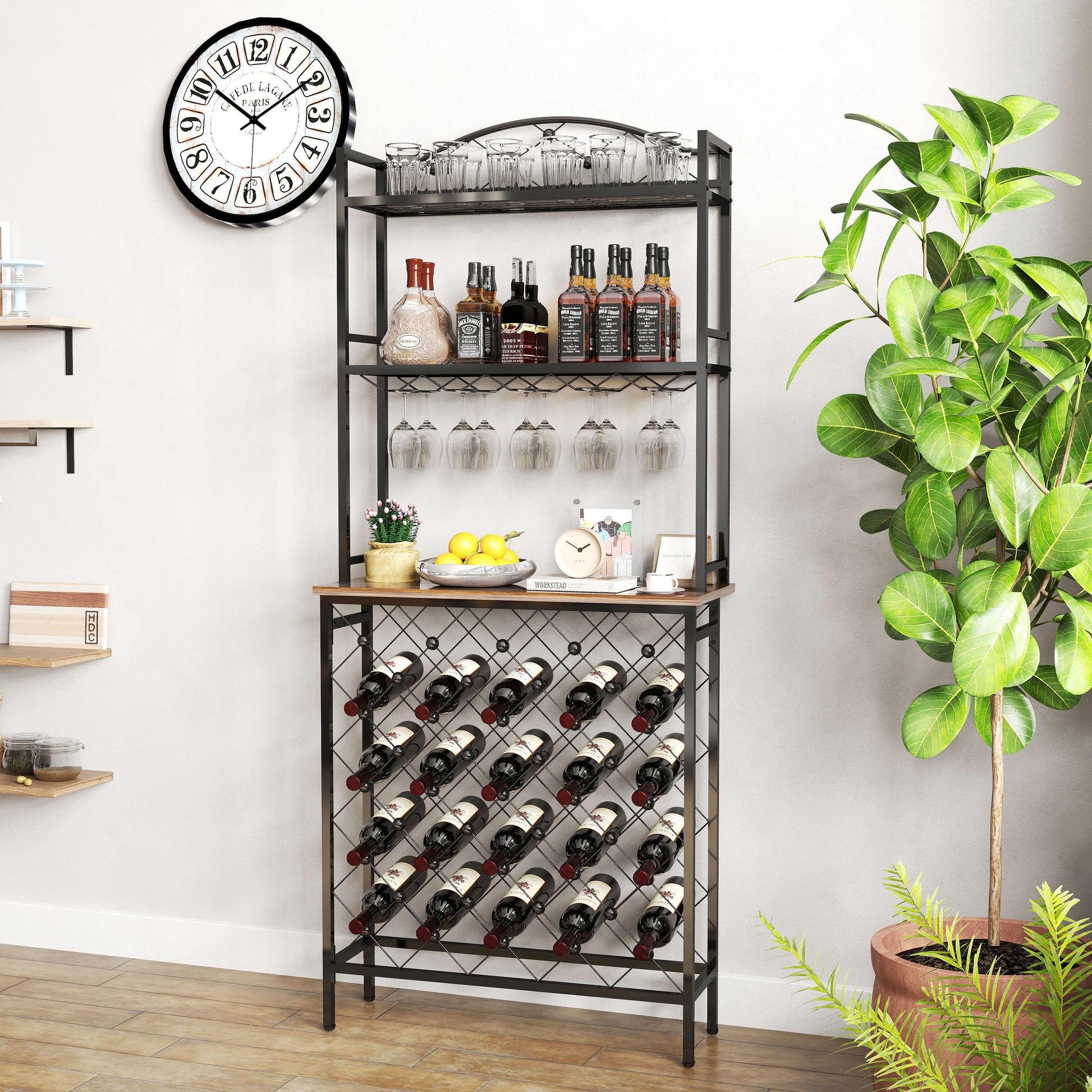 Industrial Wine Rack Bar Table, 3 Tier Liquor Bottle And Glass Holder With Storage Shelves, Metal And Wood Wine Organizer For Home Kitchen, Dining Room, And Living Room Black Brown Kitchen American Design Metal