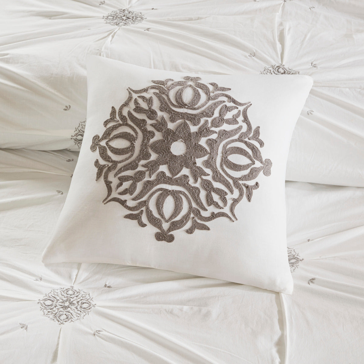 6 Piece Embroidered Cotton Reversible Comforter Set Ivory King Cal King King Ivory Polyester