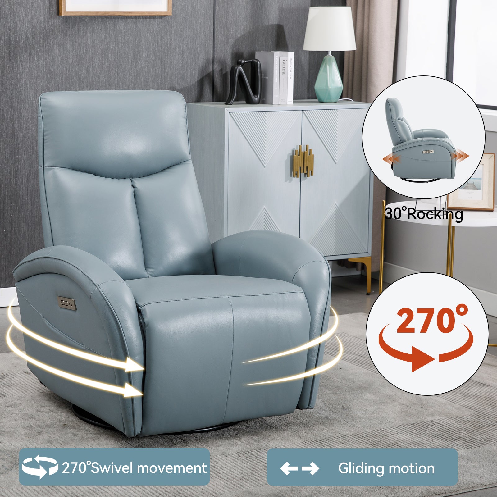 Blue Genuine Leather Swivel And Rocker Power Recliner Chair With Lumbar Support, Max Swivel Degree 270 , Heavy Duty Motion Mechanism With Usb And Type C Blue Genuine Leather Power Push Button Metal Primary Living Space Medium Firm Pillow Back Heavy Duty