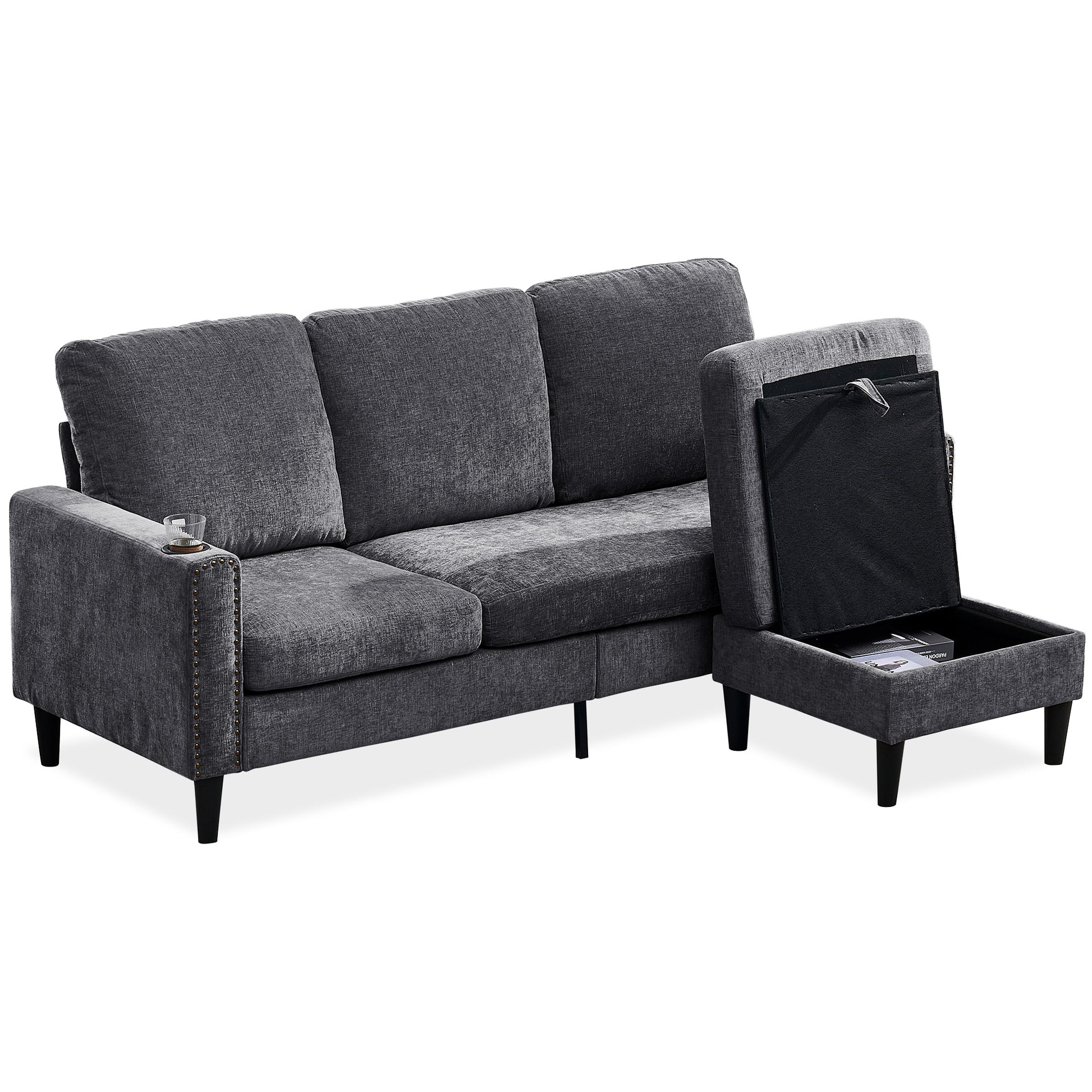 Modern Design Chenille 3 Seat L Shape Sectional Sofa With Storage Chaise For Apartment, Studio, Office,Living Room,L Shape Dark Grey Dark Gray Chenille Metal Primary Living Space Soft Modern Foam