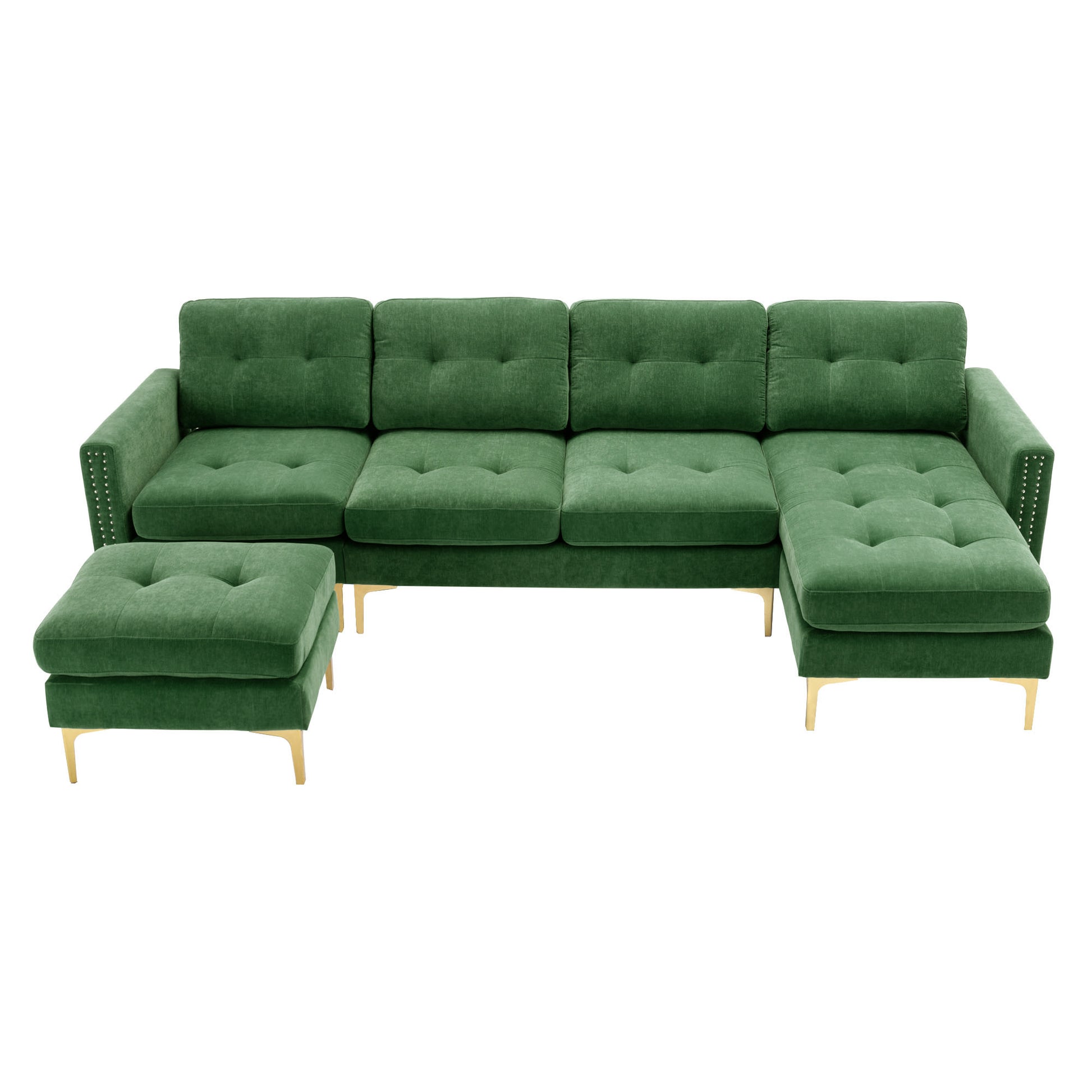 110" L Shape Convertible Sectional Sofa Couch With Movable Ottoman For Living Room, Apartment, Office, Green Green Foam Velvet 4 Seat