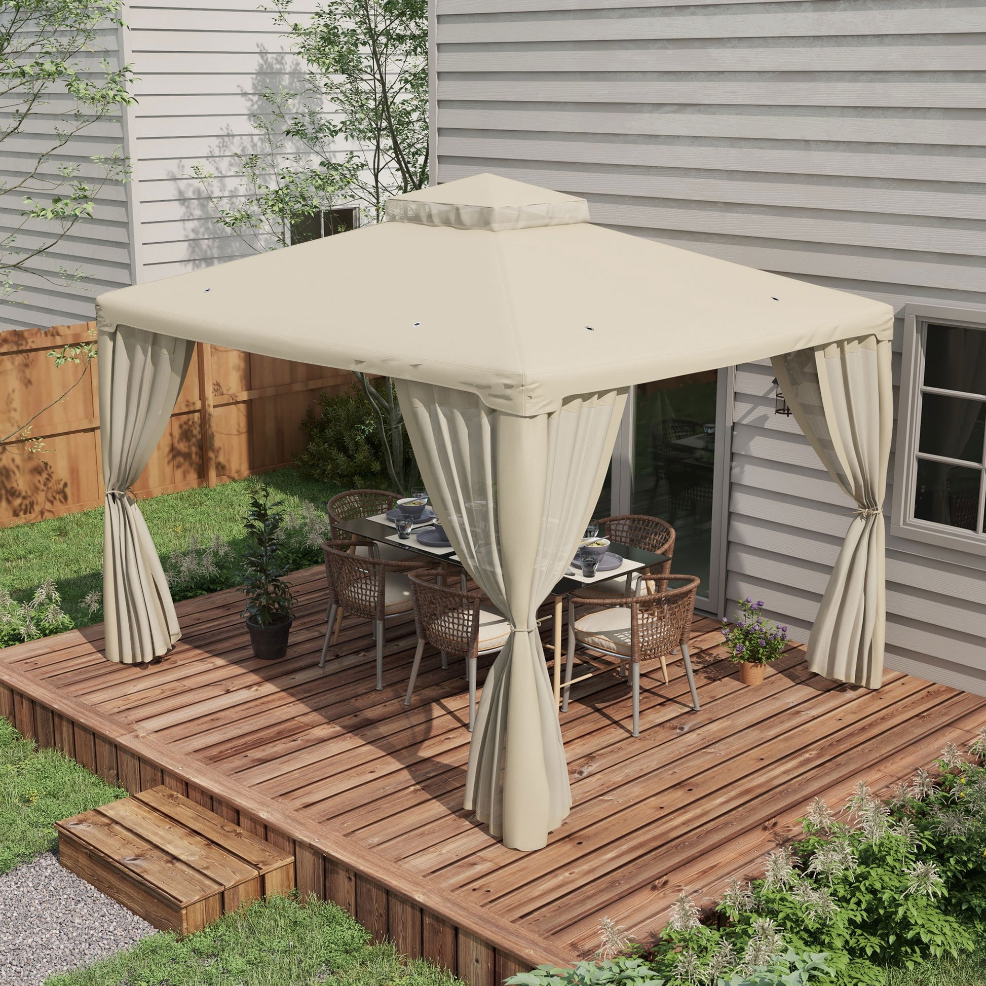 Outsunny 9.6' X 11.6' Patio Gazebo, Outdoor Canopy Shelter With 2 Tier Roof And Netting, Steel Frame For Garden, Lawn, Backyard, And Deck, Cream White Cream White Polyester