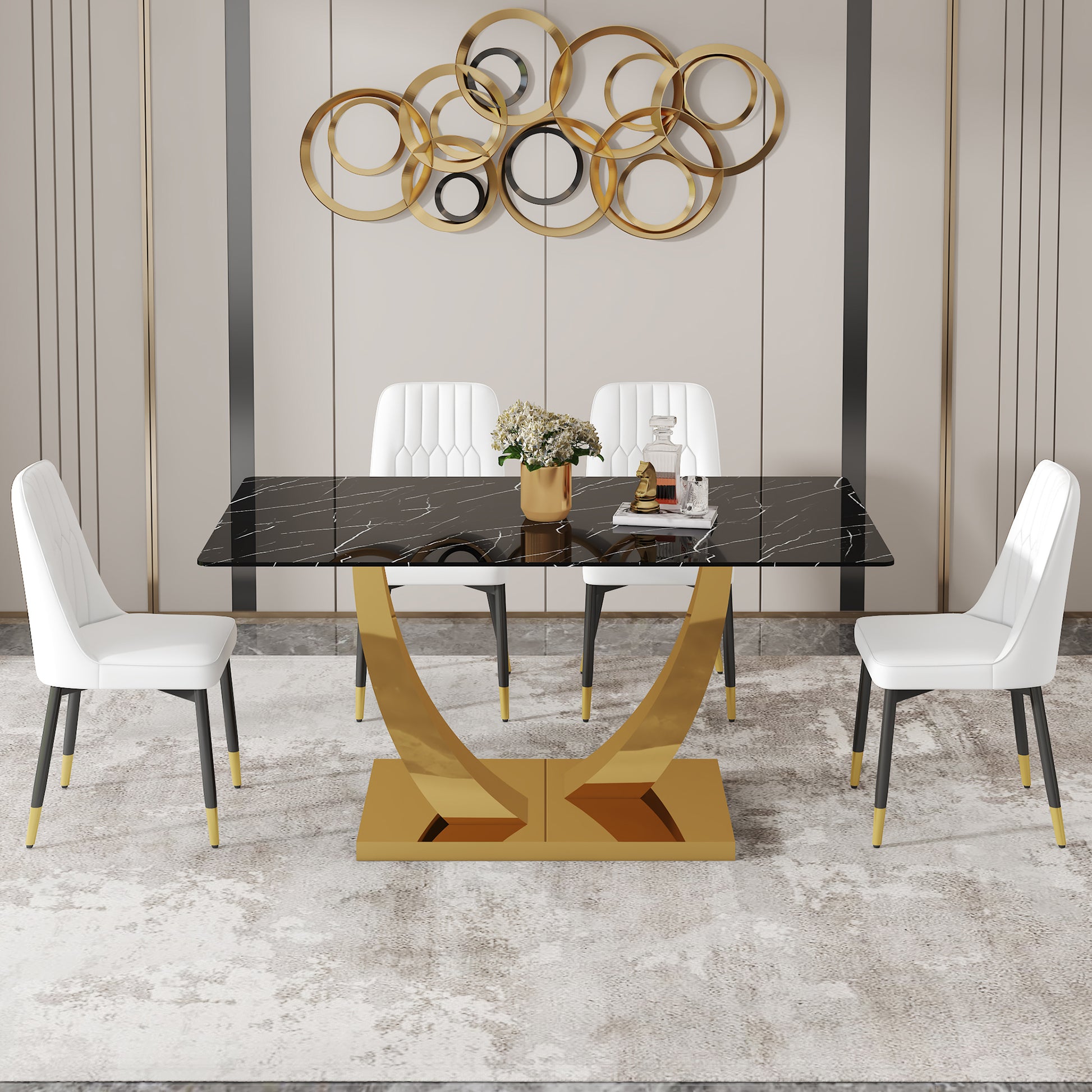 Table And Chair Set.Modern Rectangular Dining Table With Black Textured Stickers Glass Tabletop And Gold Plated Metal Legs.Paried With 4 Comfortable Chairs With Pu Seats And Black Metal Legs. Black Gold,White Seats 4 Glass Metal