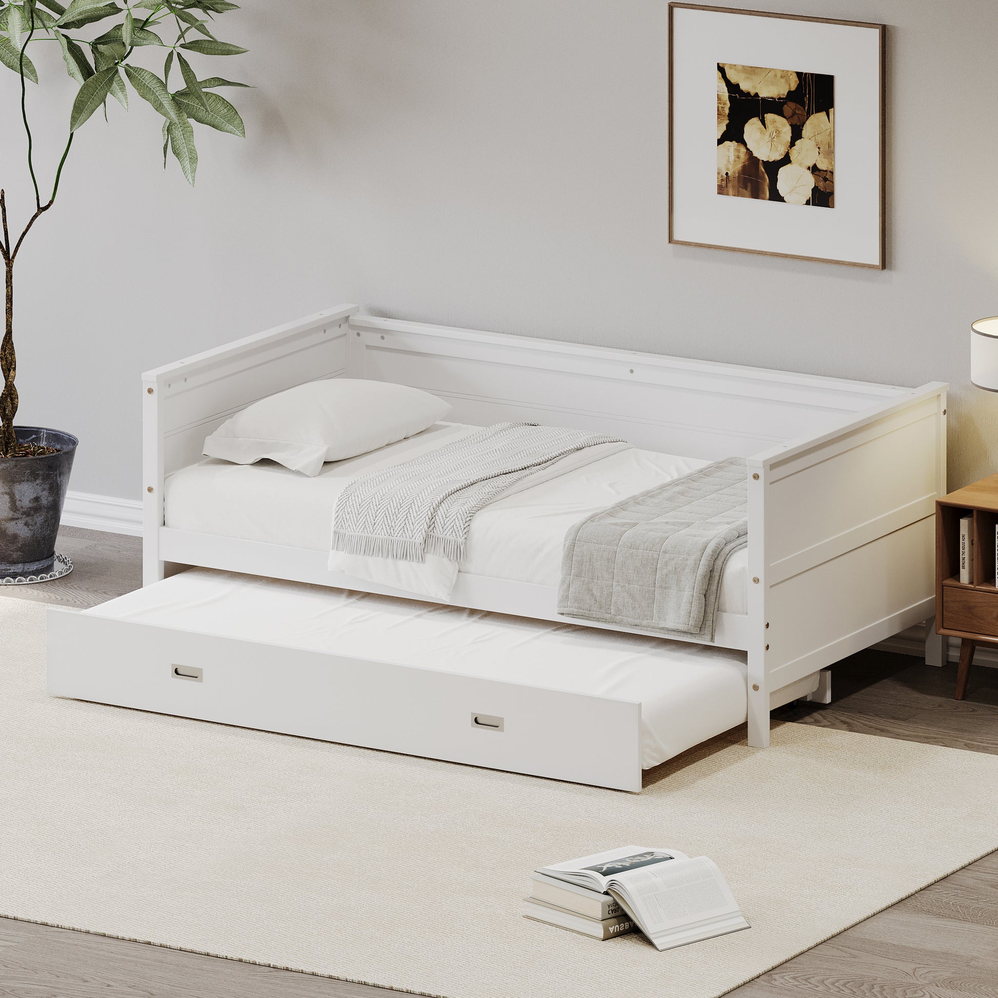 Twin Size Solid Wood Daybed With Trundle For Kids Teens Dorm Bedroom Multipurpose Guest Room Or Home, White Box Spring Not Required Twin White Wood Bedroom Pine Wood