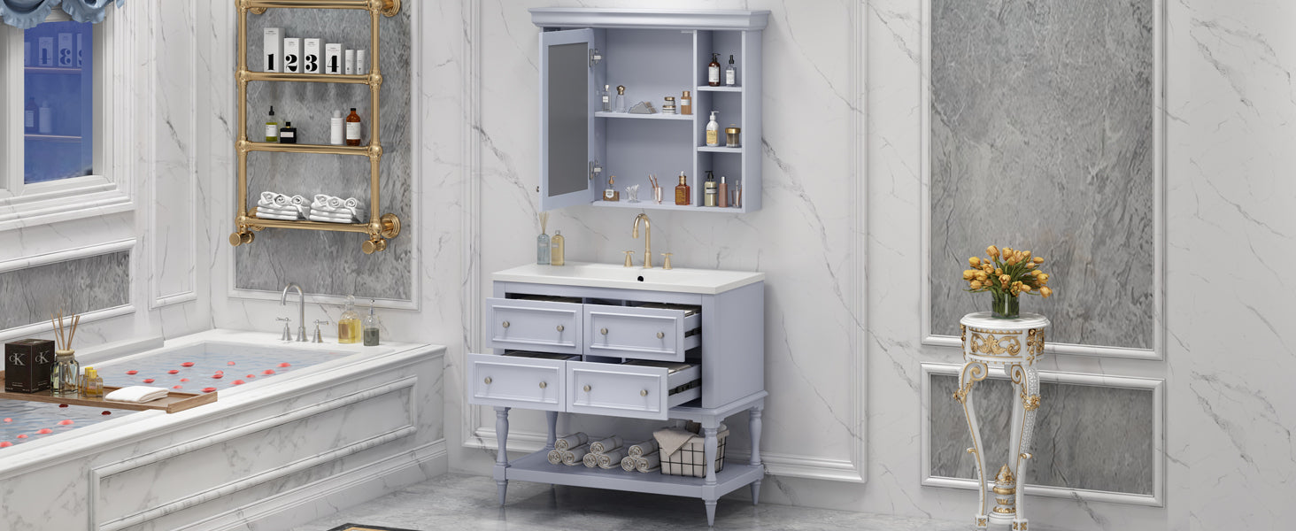 36'' Bathroom Vanity With Medicine Cabinet, Modern Mirror Cabinet With Adjustable Shelf, Bathroom Storage Cabinet With 4 Drawers, Solid Wood Frame Bathroom Storage Cabinet 4 Blue 1 5 Adjustable Hinges Bathroom Freestanding Solid Wood Mdf Resin Painted