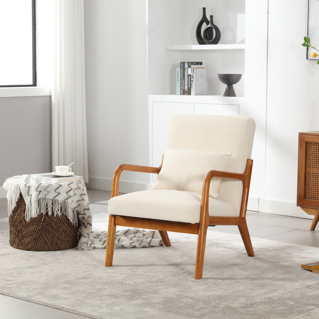 Coolmore Modern Accent Chair, Solid Wood Padding Lounge Armchairs With One Pillow For Living Room, Bedroom, Guest Room Beige Beige Brown Primary Living Space Modern Rubberwood Foam Velvet