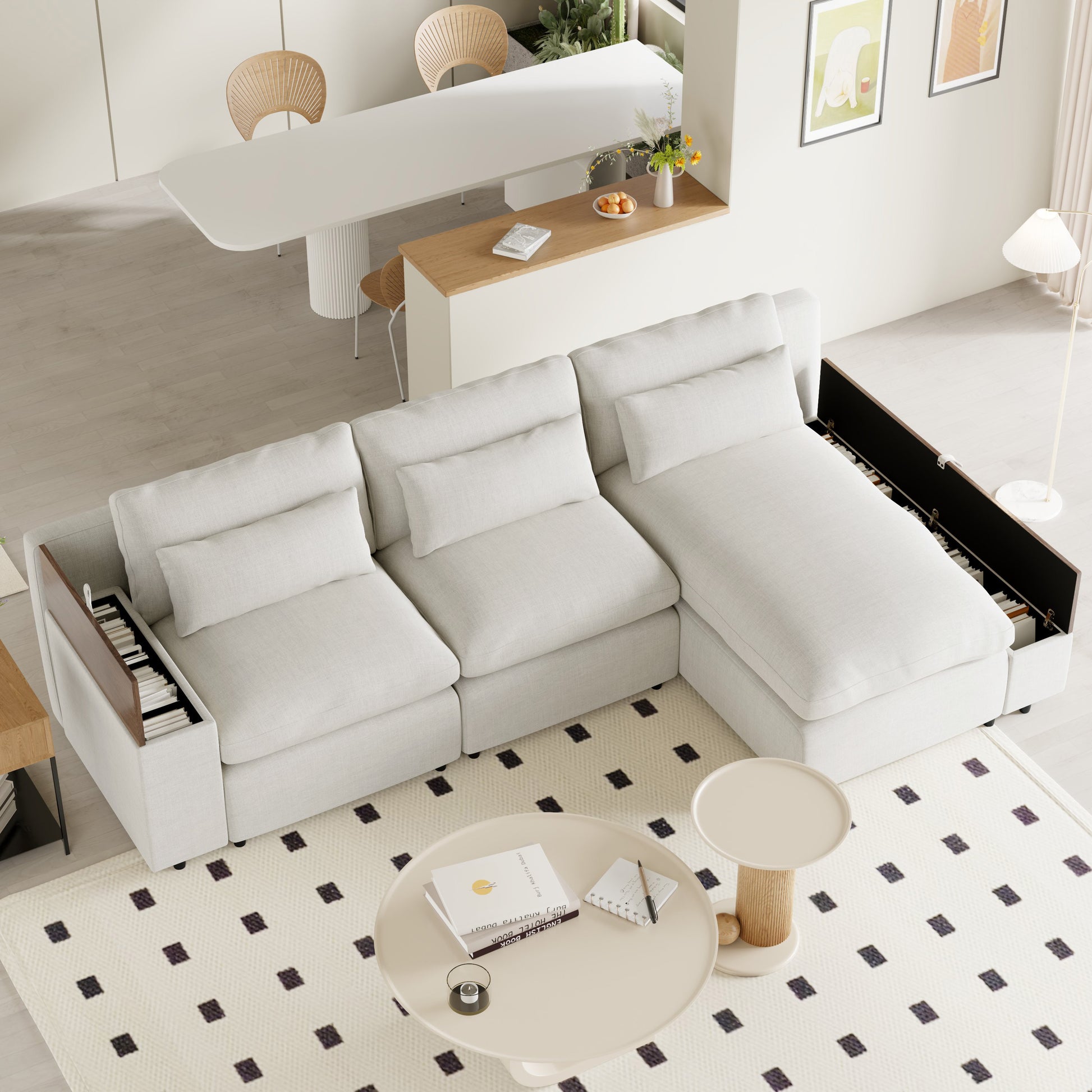 L Shaped Modular Sectional Sofa With Removable Back Cushions,3 Pillows And 2 Storage Spaces,Suitable For Living Rooms,Offices And Apartments Beige Polyester 3 Seat