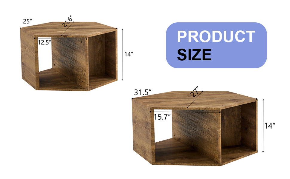 Modern Minimalist Wood Color Hexagonal Coffee Table Set.Hexagonal Mdf Coffee Table, Characteristic Pattern Stickers, Multi Hole Design To Give More Storage Space.Two Coffee Tables Of Different