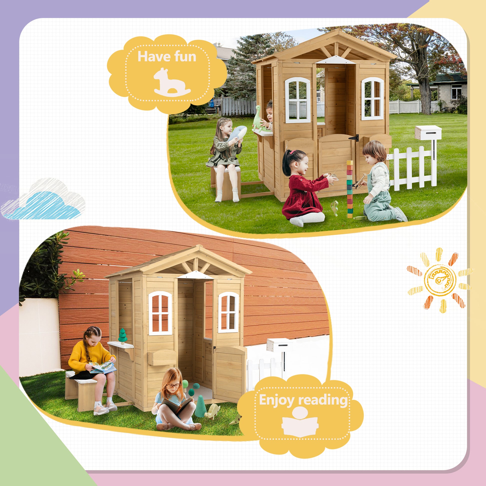 Wooden Playhouse For Kids Outdoor With Working Door, Windows, Mailbox, Bench, Flowers Pot Holder, 39" X 38" X 55.5" Natural Solid Wood