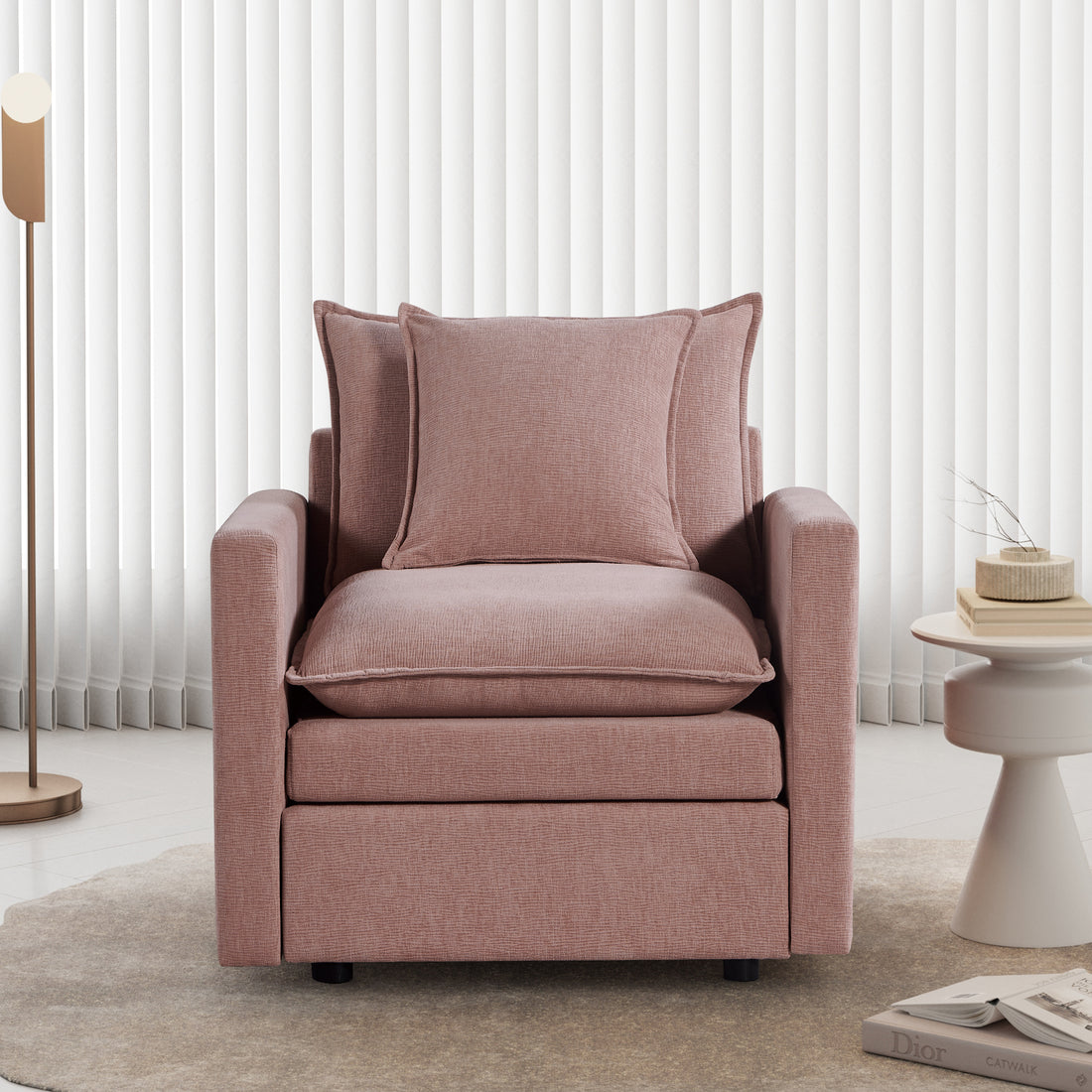 Chenille Fabric Comfy Deep Single Seat Sofa Upholstered Reading Armchair Living Room Pink Wood Foam Chenille 1 Seat